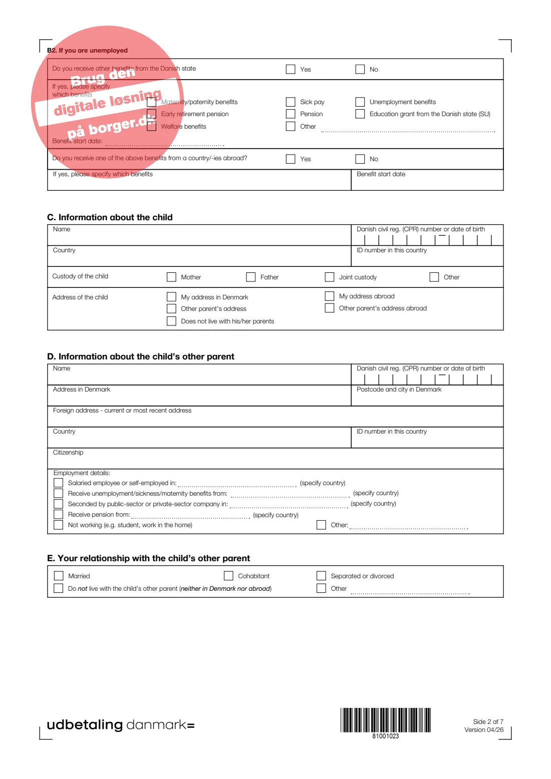 UDK 320 — Child and youth benefit (EU/EEA/Swiss citizens) (2026) Apply for child and youth benefits as a citizen of an EU/EEA country or Switzerland (Ansøgning om børne- og ungeydelse) — UDK 320_ENG — page 2 of 7