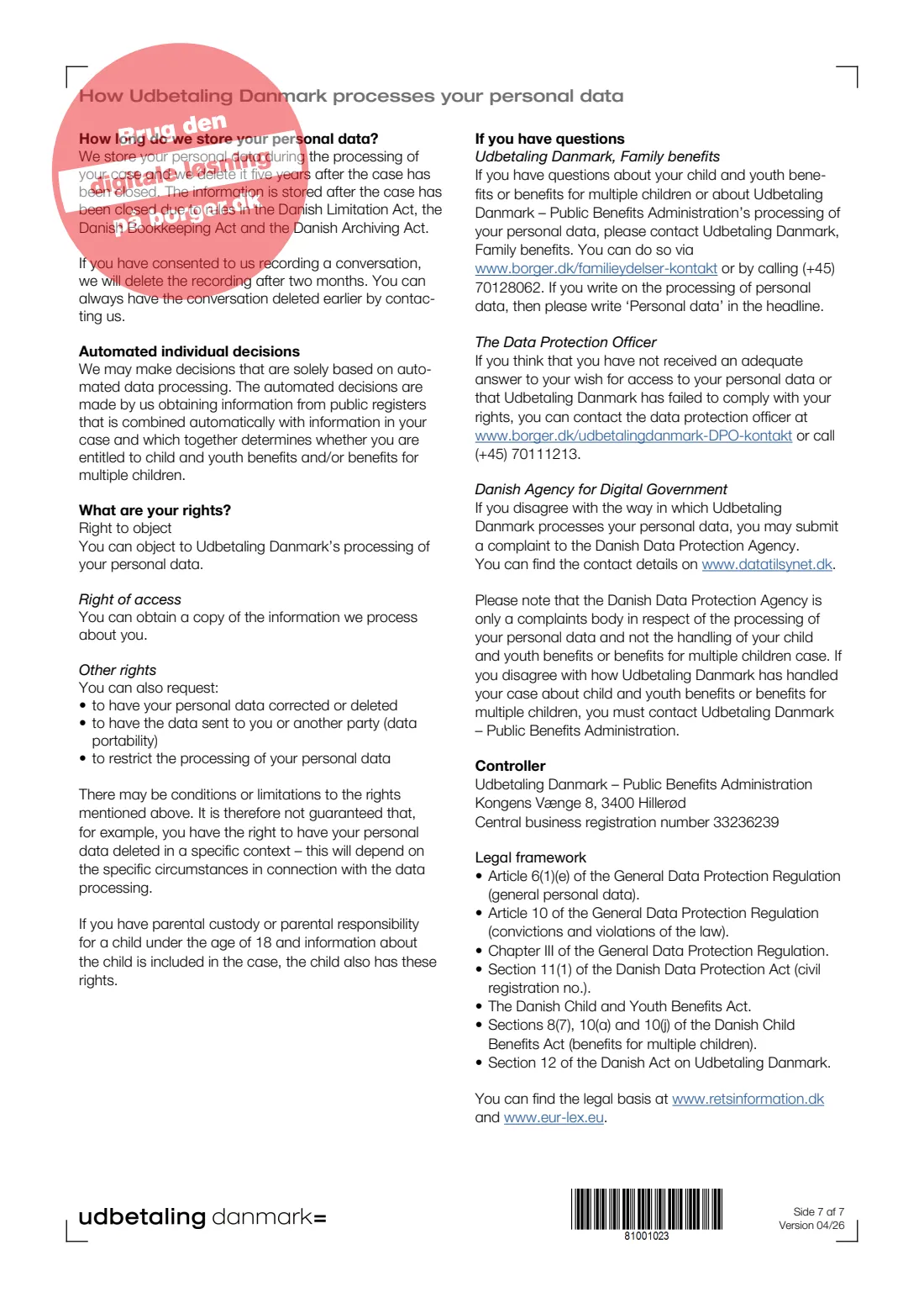 UDK 320 — Child and youth benefit (EU/EEA/Swiss citizens) (2026) Apply for child and youth benefits as a citizen of an EU/EEA country or Switzerland (Ansøgning om børne- og ungeydelse) — UDK 320_ENG — page 7 of 7