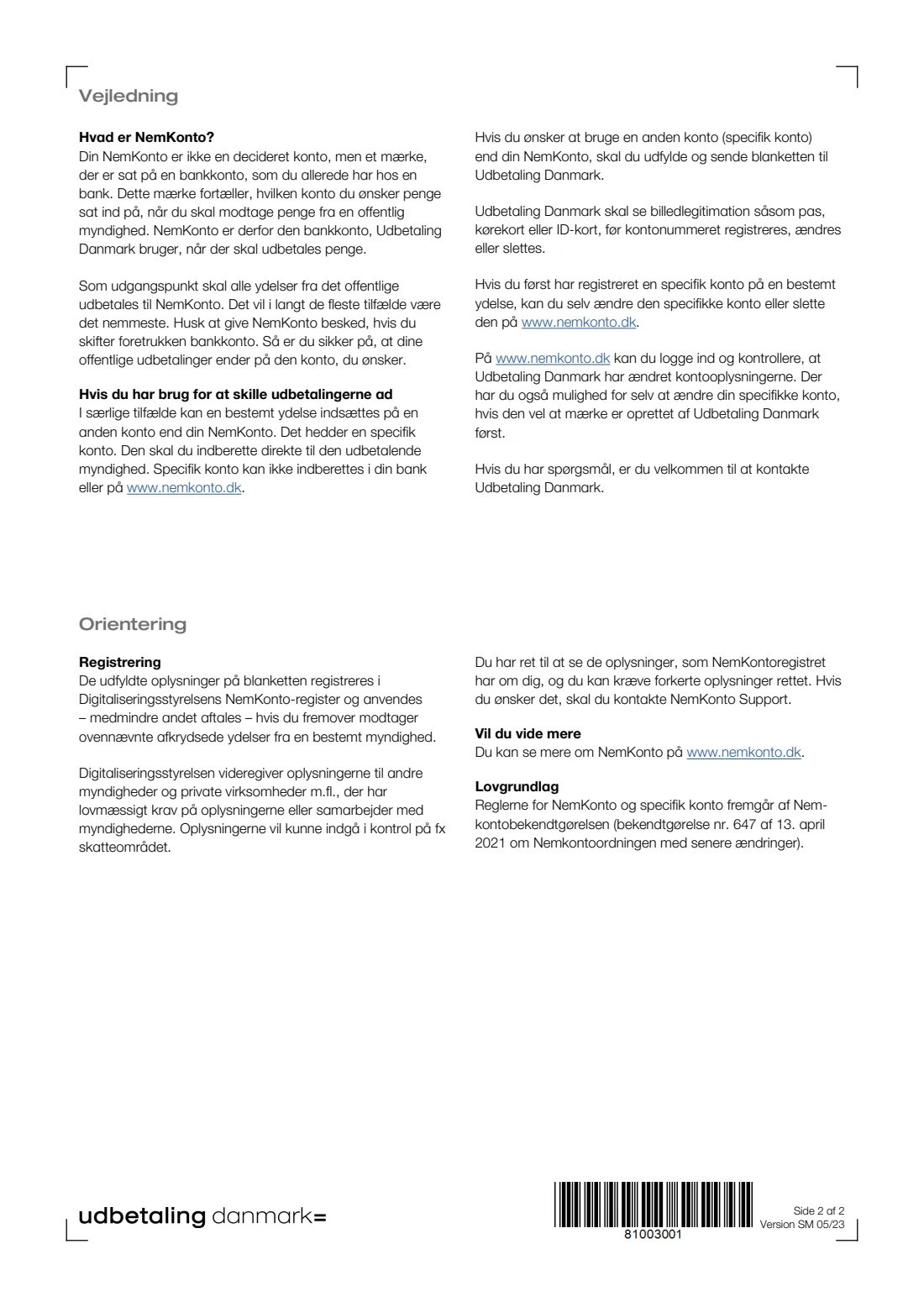 UDK 350 — Specific bank account for family benefits (2023) Familieydelser — Specifik konto (Specific bank account for family benefits) — UDK 350 — page 2 of 2