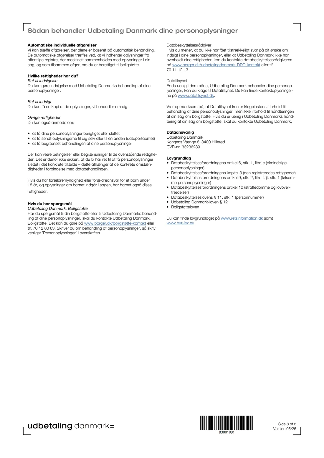 UDK 441 — Housing benefit application (boligstøtte) (2026) Ansøgning om boligstøtte (Application for housing benefit) — UDK 441 — page 8 of 8