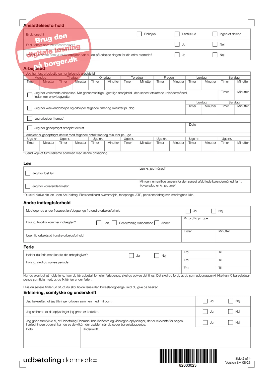 UDK 512A — Maternity/parental pay (barselsdagpenge), employees (2023) Ansøgning om barselsdagpenge — Lønmodtagere — Børn født eller modtaget 2/8 2022 eller senere (Application for maternity/parental benefit, employees) — UDK 512A — page 2 of 4