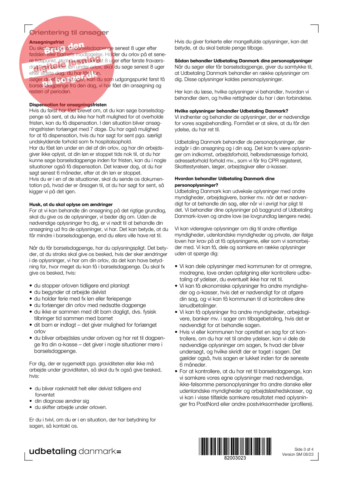 UDK 512A — Maternity/parental pay (barselsdagpenge), employees (2023) Ansøgning om barselsdagpenge — Lønmodtagere — Børn født eller modtaget 2/8 2022 eller senere (Application for maternity/parental benefit, employees) — UDK 512A — page 3 of 4