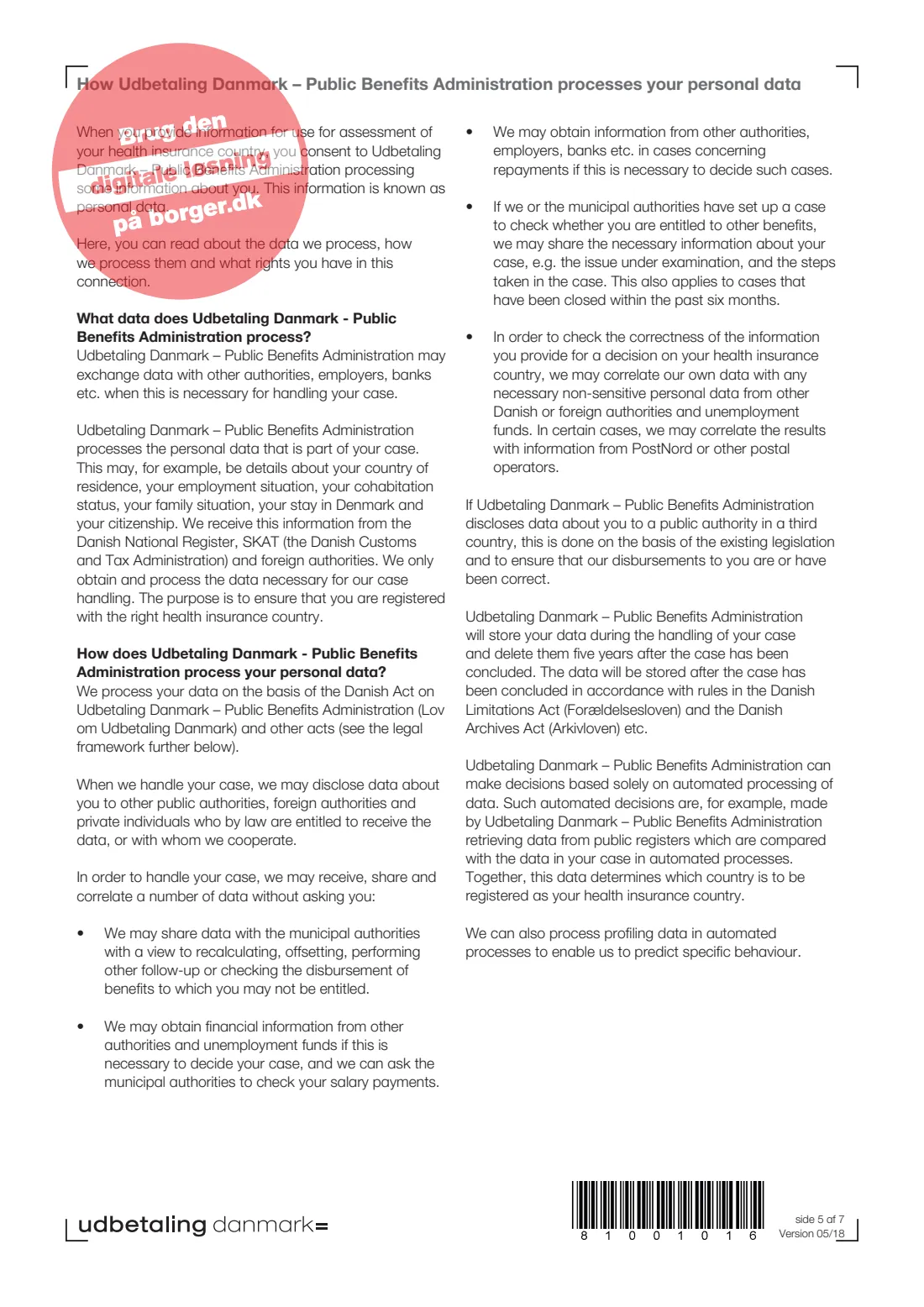 UDK 720 — Health insurance country (2018) International Sygesikring — Information about health insurance country (Oplys om sygesikringsland) — UDK 720_ENG — page 5 of 7
