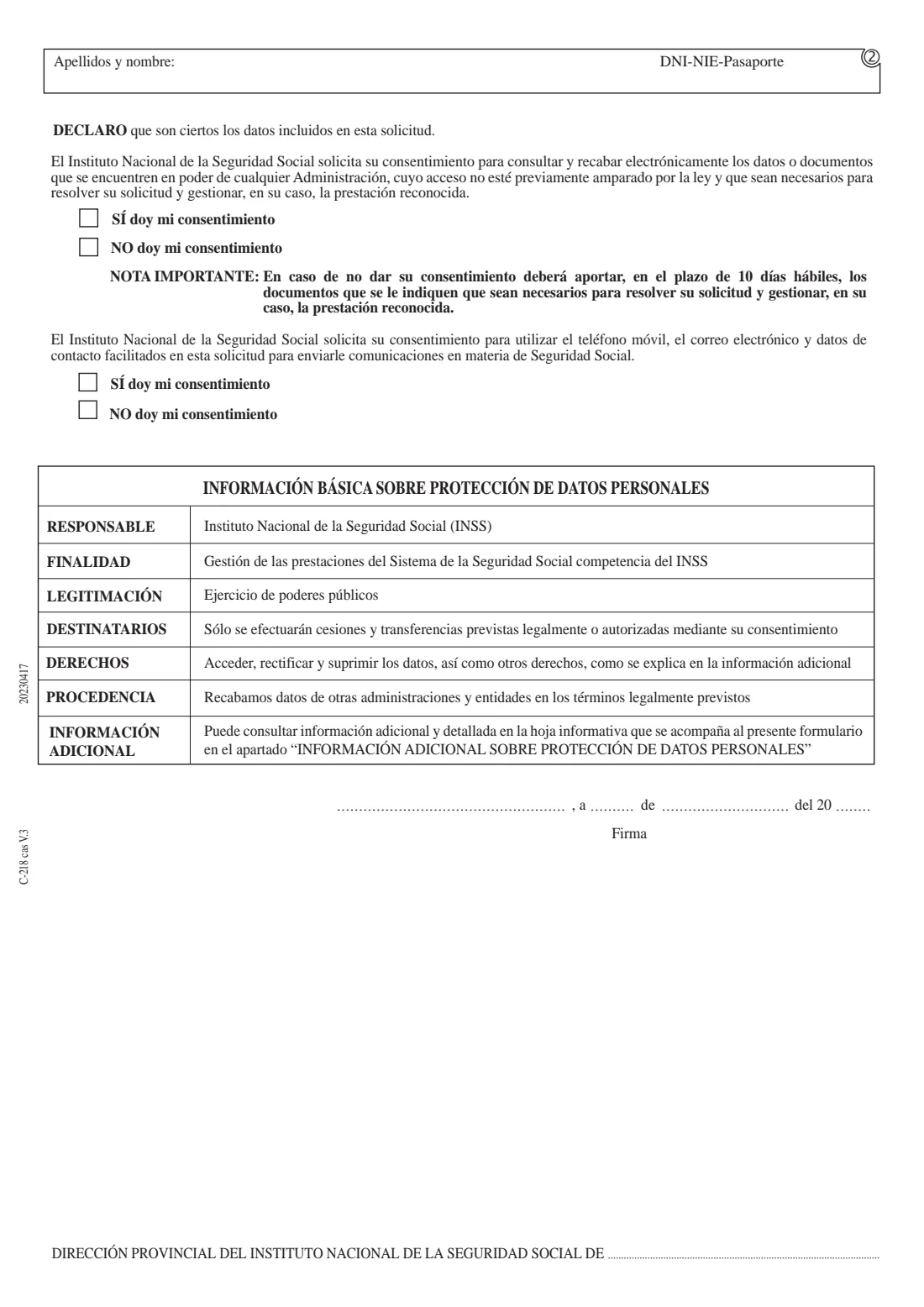 C-218 S1 portable document request (2023) Solicitud de emisión del documento portátil S1 — C-218 (asegurados en España) — page 2 of 3