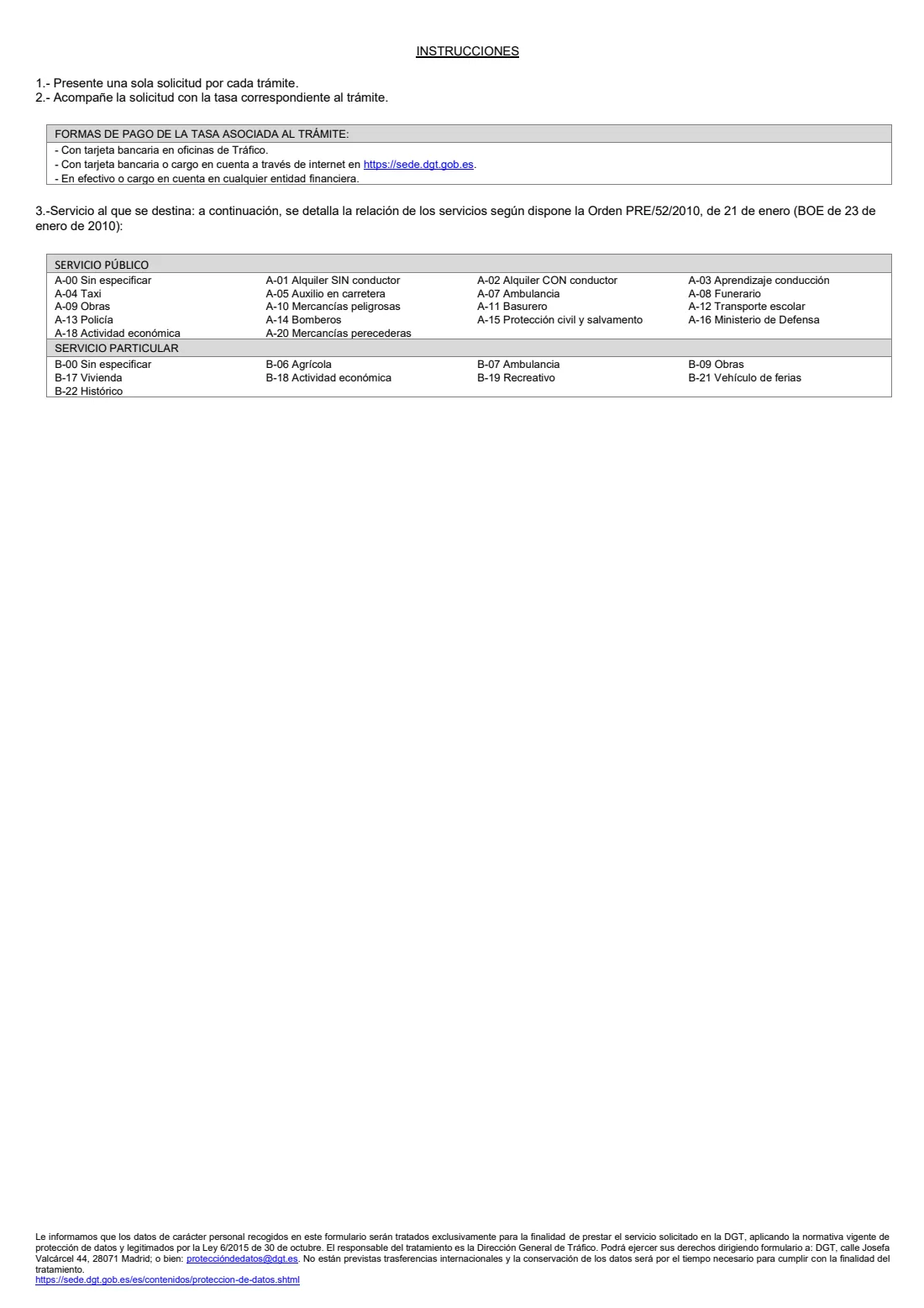 DGT Modelo 01 — Vehicle procedures (2025) Modelo 01 — Solicitud de trámites de vehículos: duplicado del permiso de circulación, baja, informe, matriculación (Vehicle procedures) — page 2 of 2