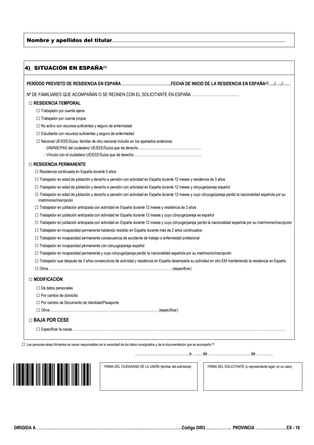 EX-18 (EU citizen registration certificate) (2026) Solicitud de inscripción en el Registro Central de Extranjeros: residencia de ciudadano de la UE (EX-18) — page 2 of 3