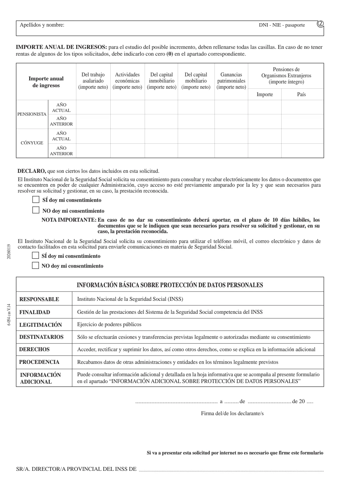 INSS 6-054 — Income and residence declaration (2026) 6-054 Declaración de ingresos y/o acreditación de la residencia (Pensioner's income declaration and proof of residence) — page 2 of 4