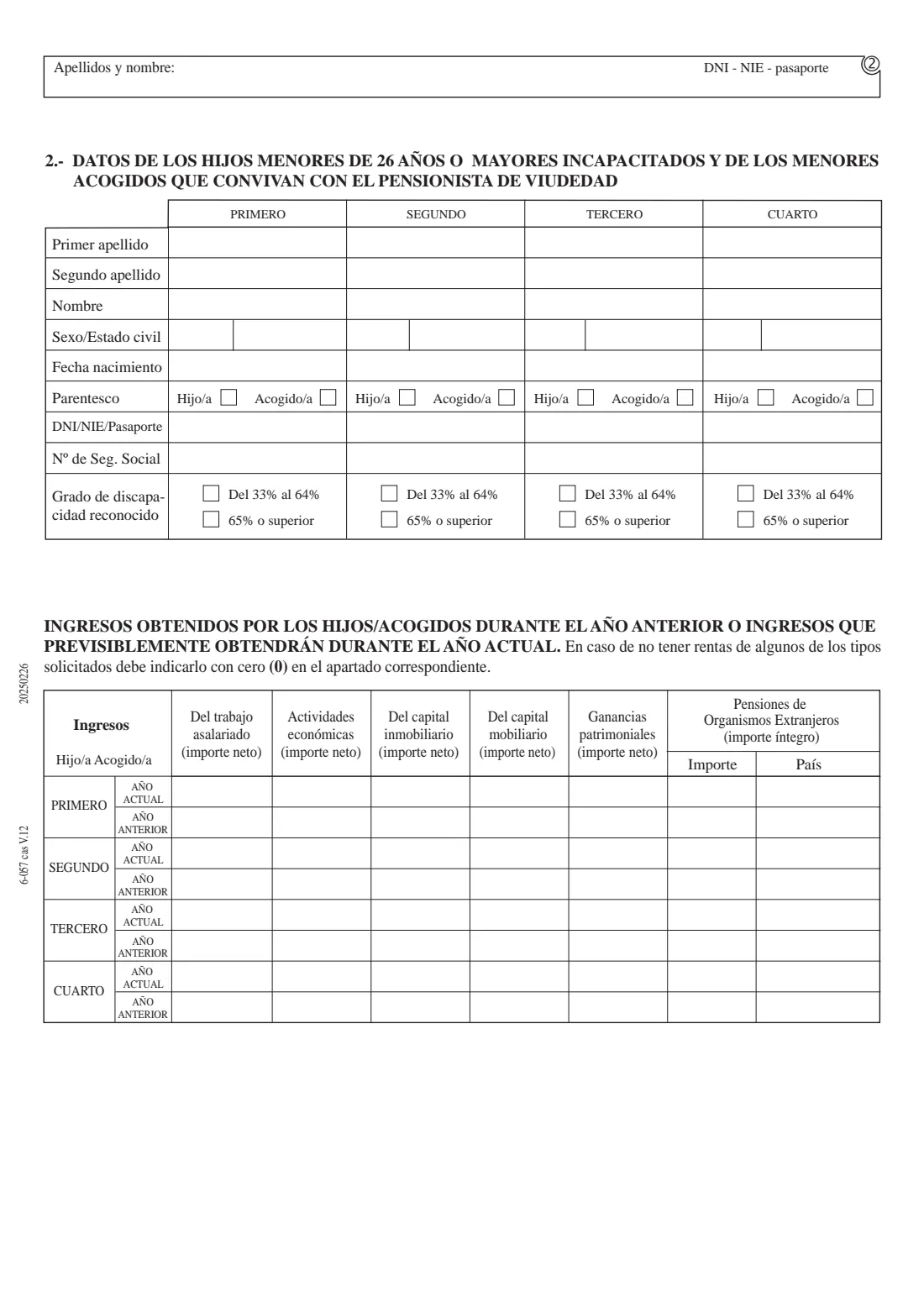 INSS 6-057 (widow's pension minimum with dependants) (2025) Application for the minimum supplement with family dependants, with income declaration - widow's pension (Solicitud de mínimos por cargas familiares - declaración de ingresos, 6-057) — page 2 of 5