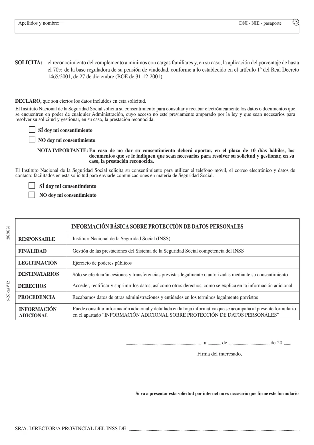 INSS 6-057 (widow's pension minimum with dependants) (2025) Application for the minimum supplement with family dependants, with income declaration - widow's pension (Solicitud de mínimos por cargas familiares - declaración de ingresos, 6-057) — page 3 of 5
