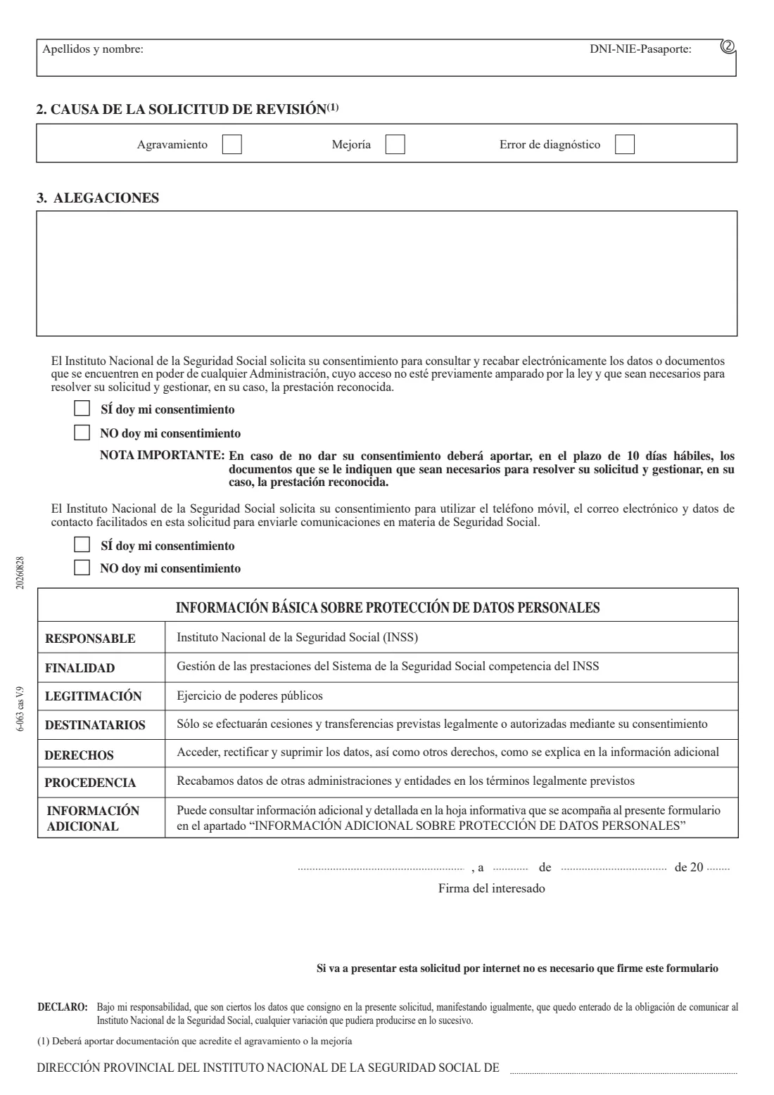 INSS 6-063 - review of permanent disability (2026) Solicitud de revisión de incapacidad permanente a instancia de parte (modelo 6-063) - Request for review of a permanent disability — page 2 of 4
