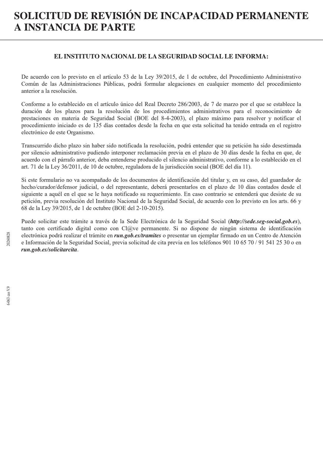 INSS 6-063 - review of permanent disability (2026) Solicitud de revisión de incapacidad permanente a instancia de parte (modelo 6-063) - Request for review of a permanent disability — page 3 of 4