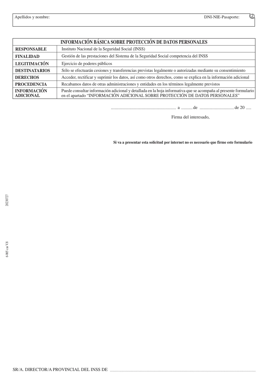 INSS 6-065 — Voluntary IRPF withholding on a pension (2023) 6-065 Solicitud/finalización de aplicación del tipo voluntario a efectos de las retenciones de IRPF (Voluntary IRPF withholding rate on a pension) — page 2 of 3