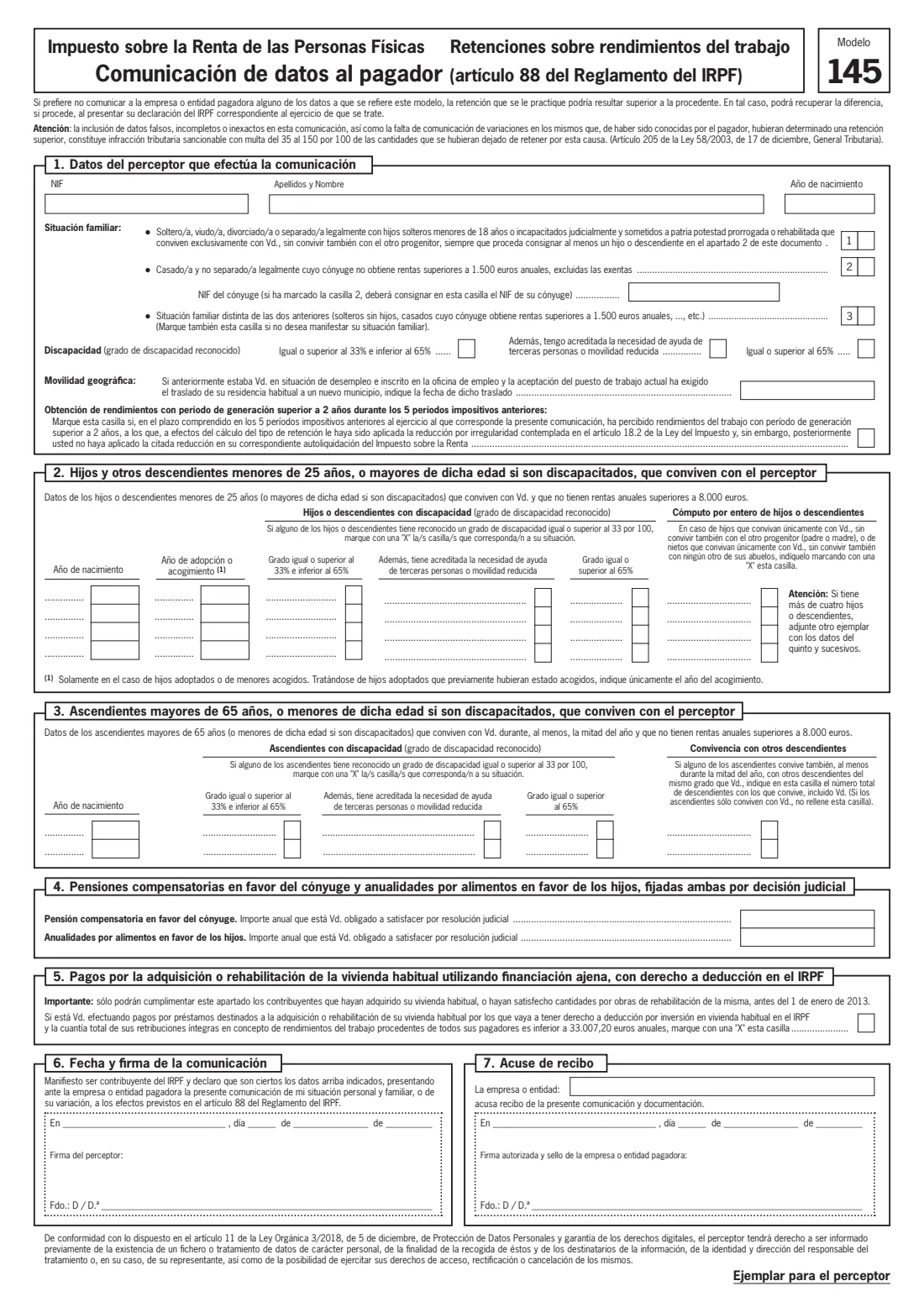 Modelo 145 (2026) Modelo 145 — Comunicación de datos al pagador (Retenciones sobre rendimientos del trabajo) — page 2 of 2