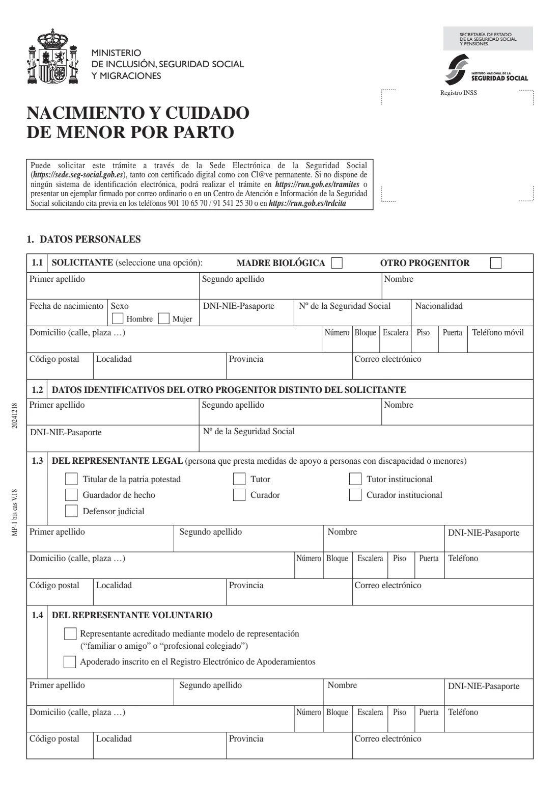 MP-1 bis (birth and childcare benefit, birth) (2024) MP-1 bis Solicitud de prestación por nacimiento y cuidado de menor por parto — page 2 of 8