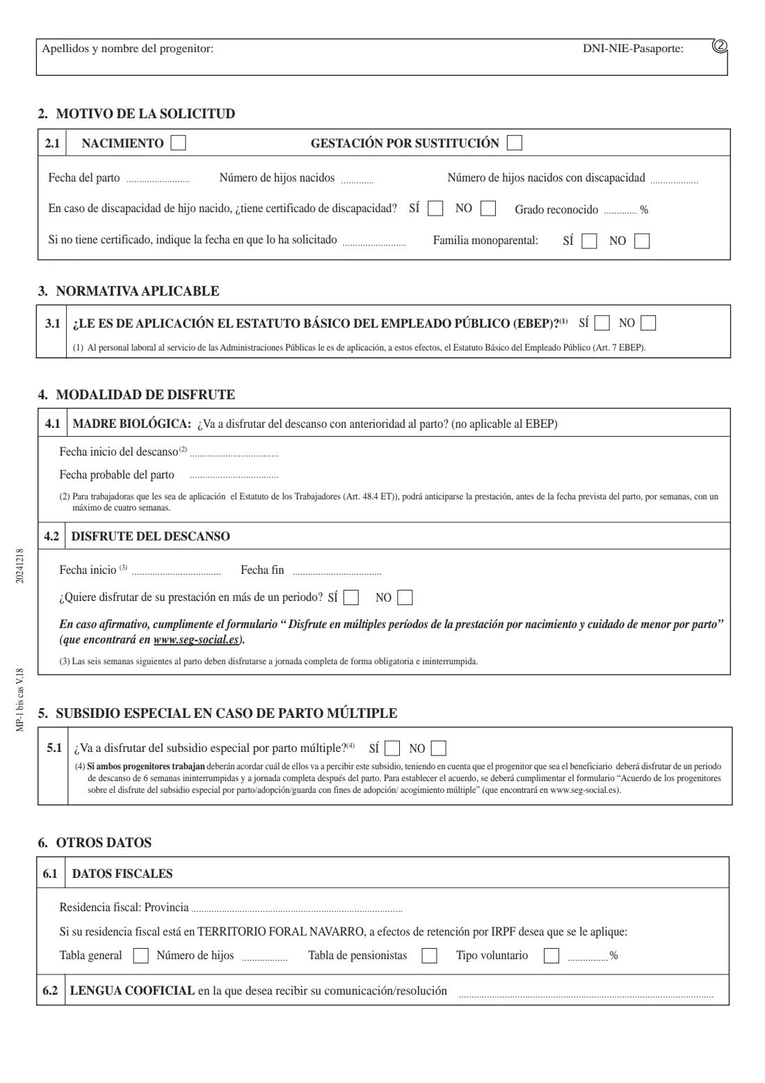 MP-1 bis (birth and childcare benefit, birth) (2024) MP-1 bis Solicitud de prestación por nacimiento y cuidado de menor por parto — page 3 of 8