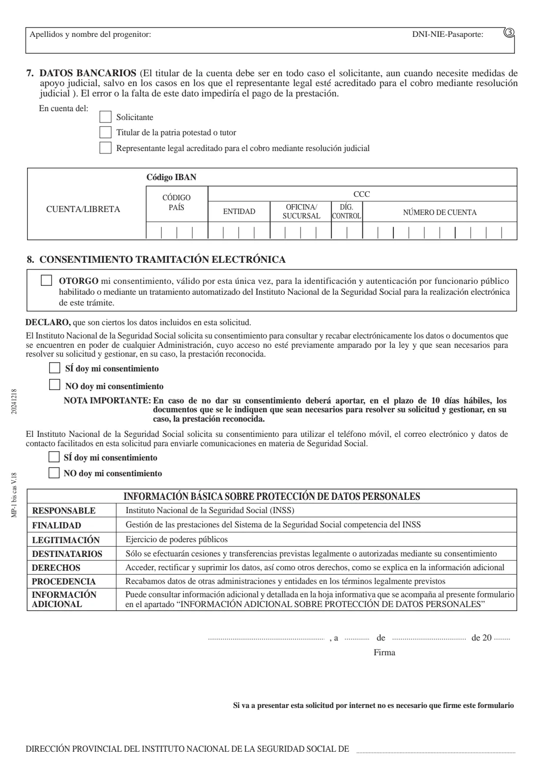 MP-1 bis (birth and childcare benefit, birth) (2024) MP-1 bis Solicitud de prestación por nacimiento y cuidado de menor por parto — page 4 of 8