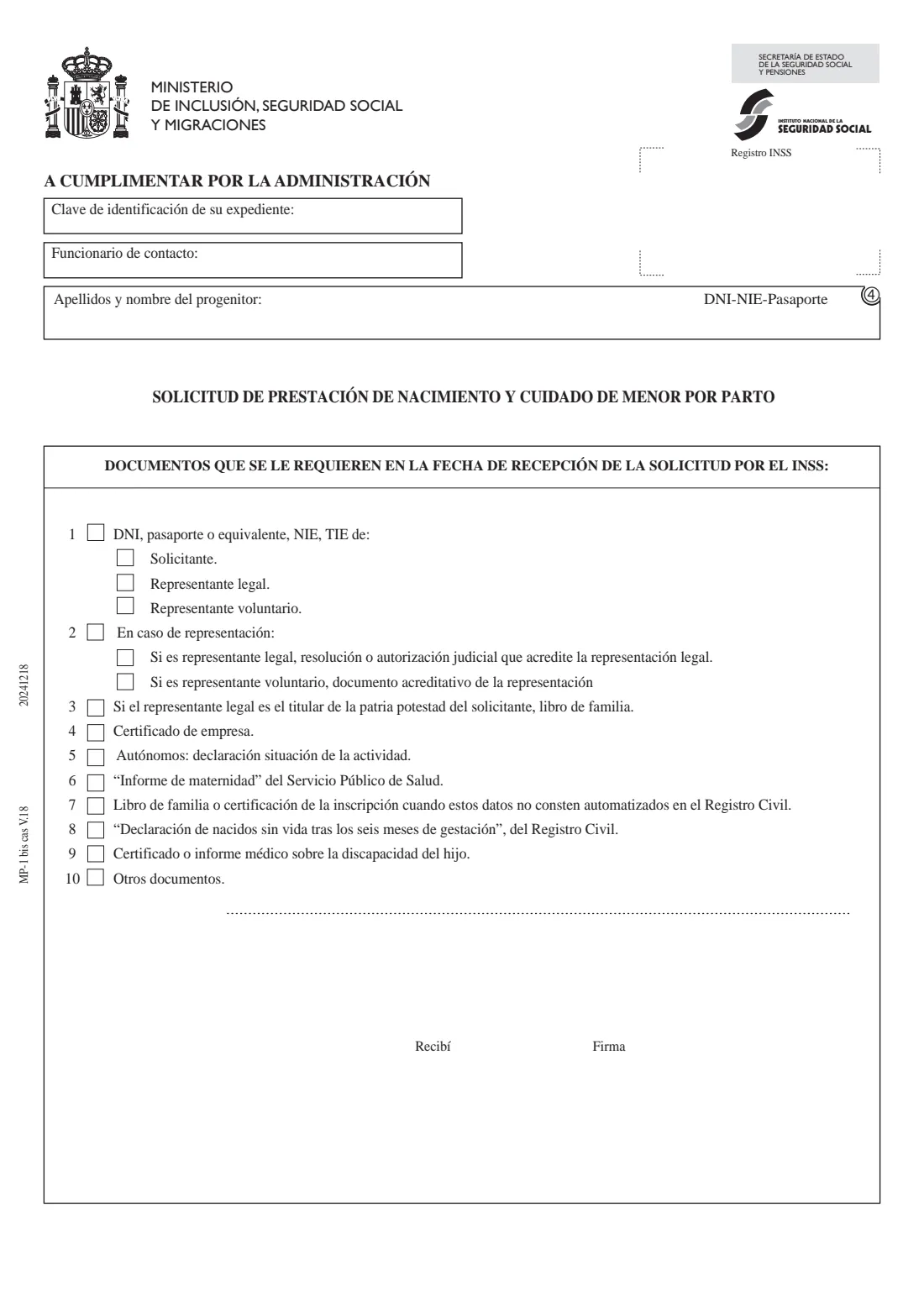 MP-1 bis (birth and childcare benefit, birth) (2024) MP-1 bis Solicitud de prestación por nacimiento y cuidado de menor por parto — page 5 of 8