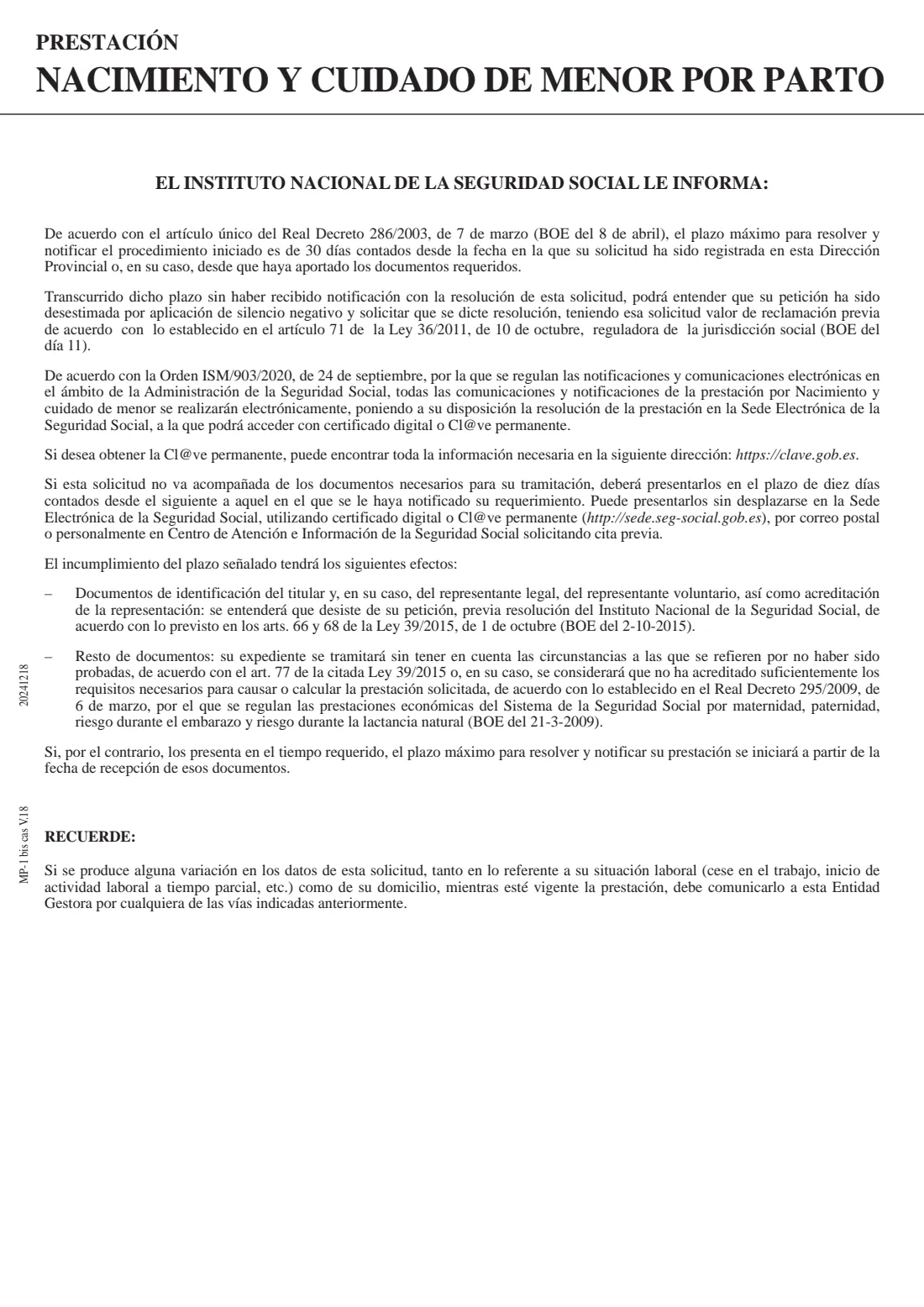 MP-1 bis (birth and childcare benefit, birth) (2024) MP-1 bis Solicitud de prestación por nacimiento y cuidado de menor por parto — page 7 of 8