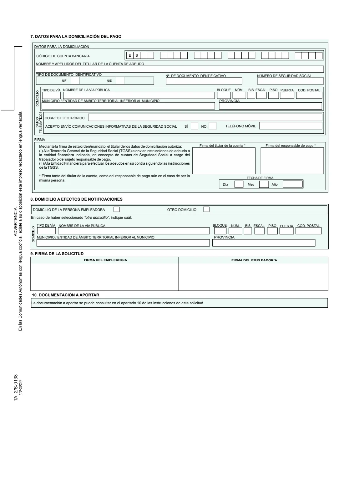 TA.2/S-0138 (household employee registration) (2024) Registration, termination or change of details of a household employee (Solicitud de alta, baja o variación de datos del trabajador/a por cuenta ajena en el Régimen General - Sistema Especial para Empleados de Hogar, TA.2/S-0138) — page 2 of 6