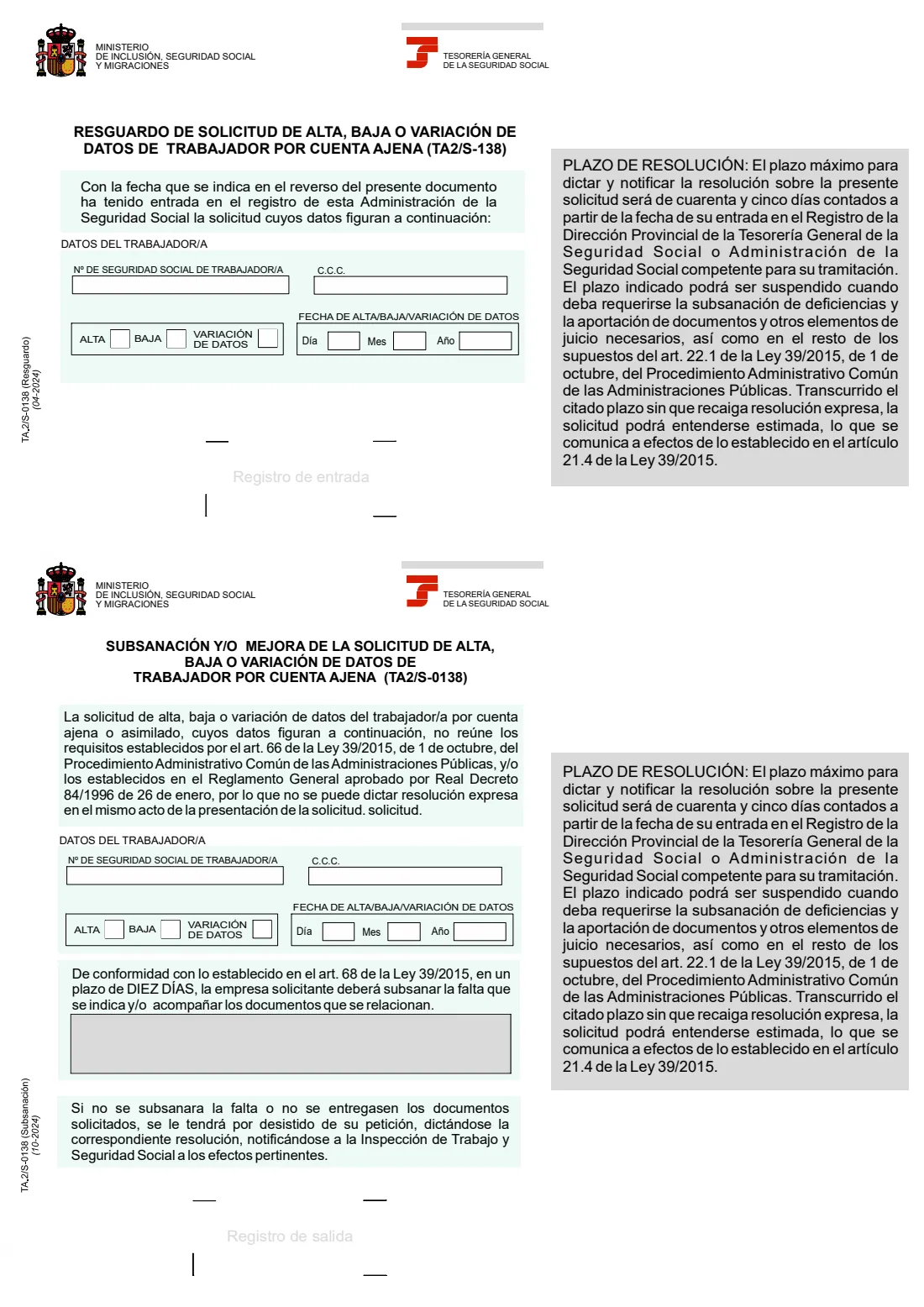 TA.2/S-0138 (household employee registration) (2024) Registration, termination or change of details of a household employee (Solicitud de alta, baja o variación de datos del trabajador/a por cuenta ajena en el Régimen General - Sistema Especial para Empleados de Hogar, TA.2/S-0138) — page 5 of 6