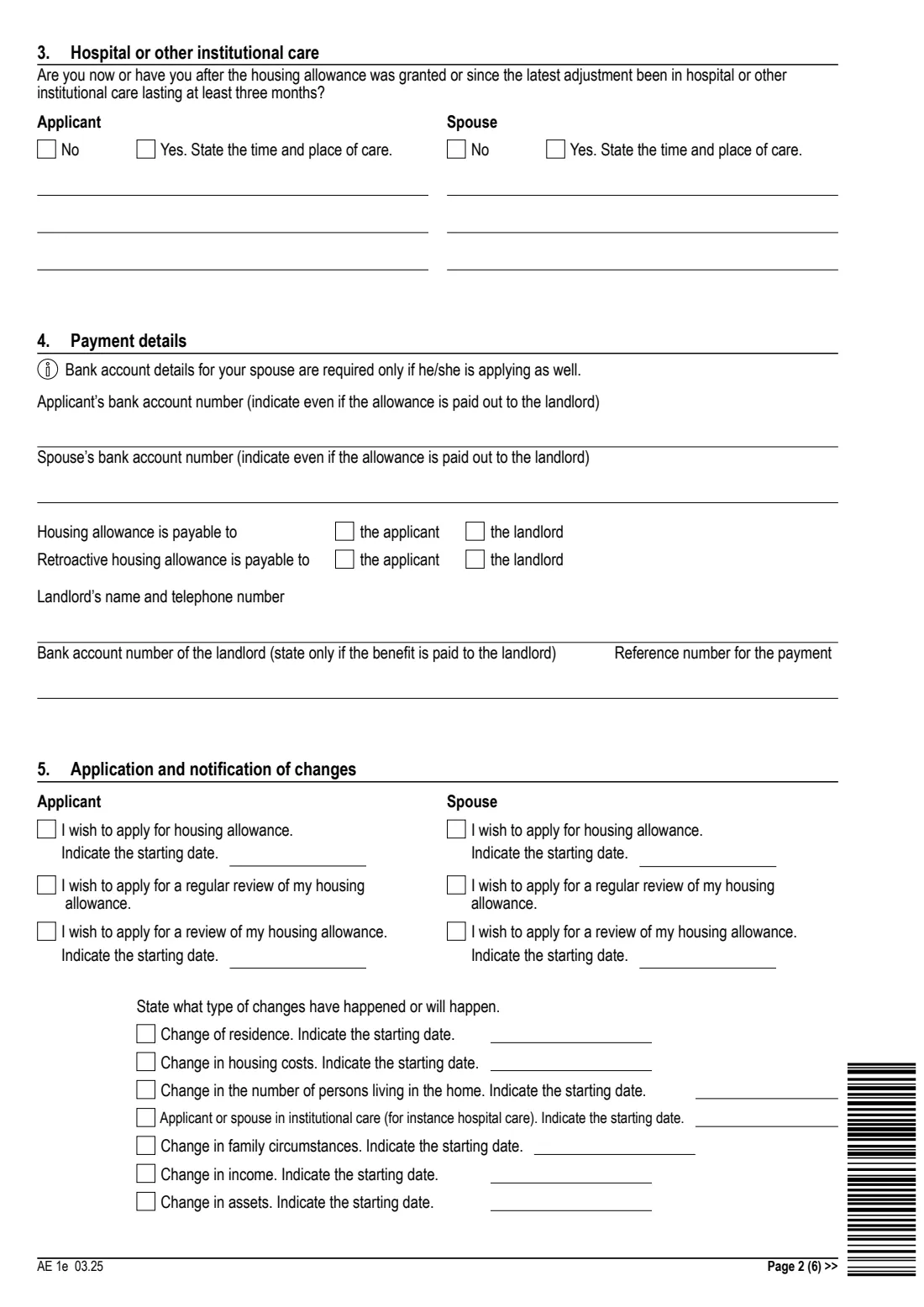 Kela AE 1e - housing allowance for pensioners (2025) Application: Housing allowance for pensioners (AE 1e) - Hakemus: Eläkkeensaajan asumistuki — page 2 of 6