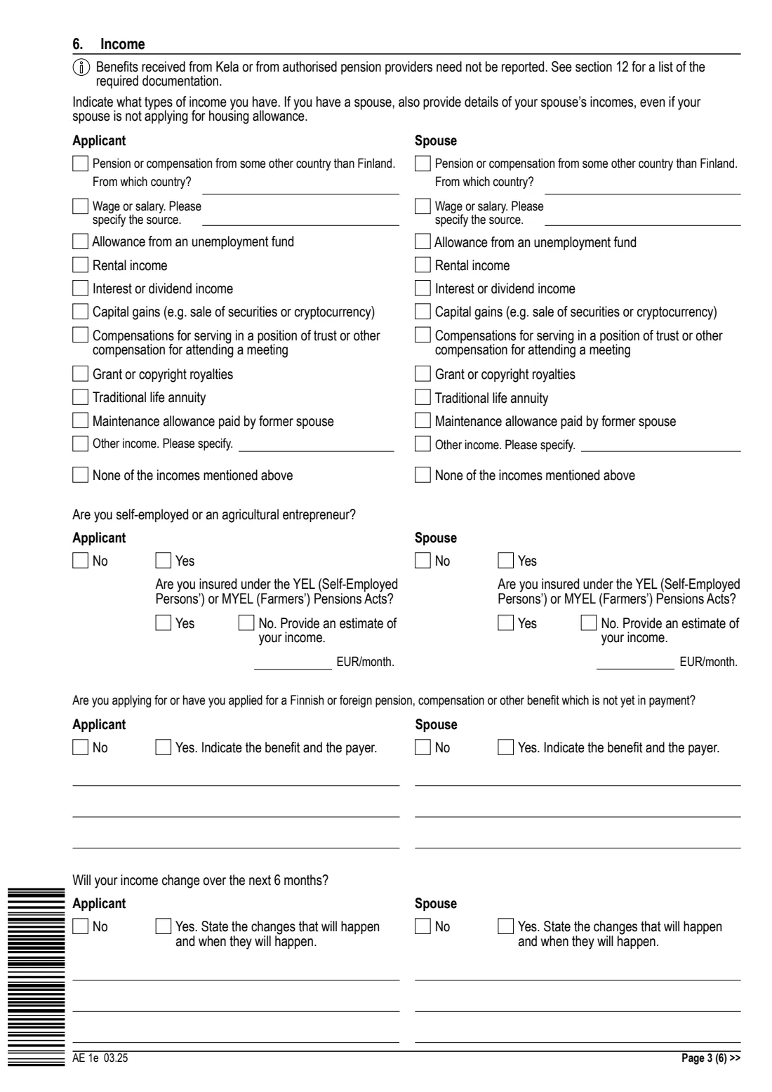 Kela AE 1e - housing allowance for pensioners (2025) Application: Housing allowance for pensioners (AE 1e) - Hakemus: Eläkkeensaajan asumistuki — page 3 of 6