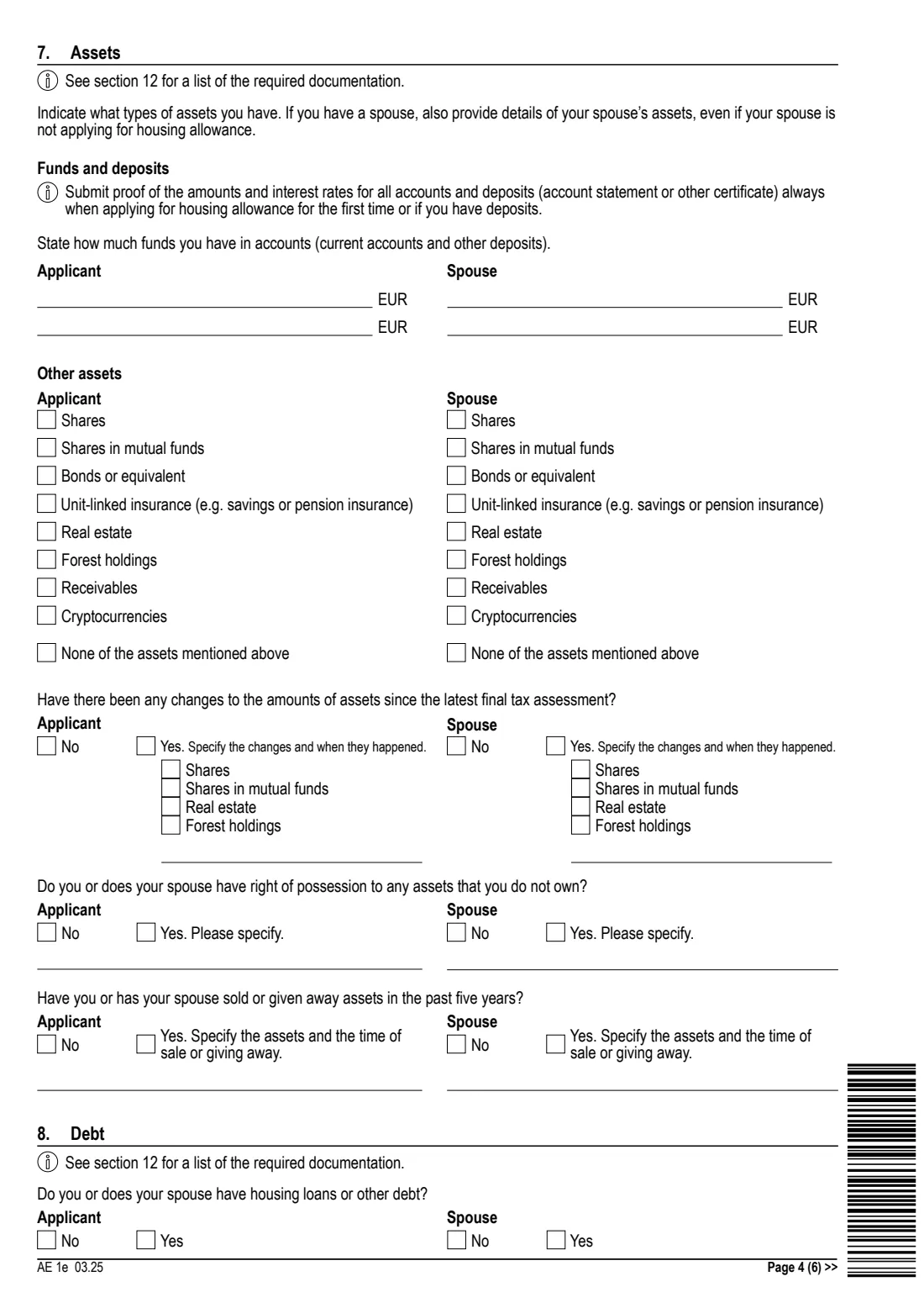 Kela AE 1e - housing allowance for pensioners (2025) Application: Housing allowance for pensioners (AE 1e) - Hakemus: Eläkkeensaajan asumistuki — page 4 of 6