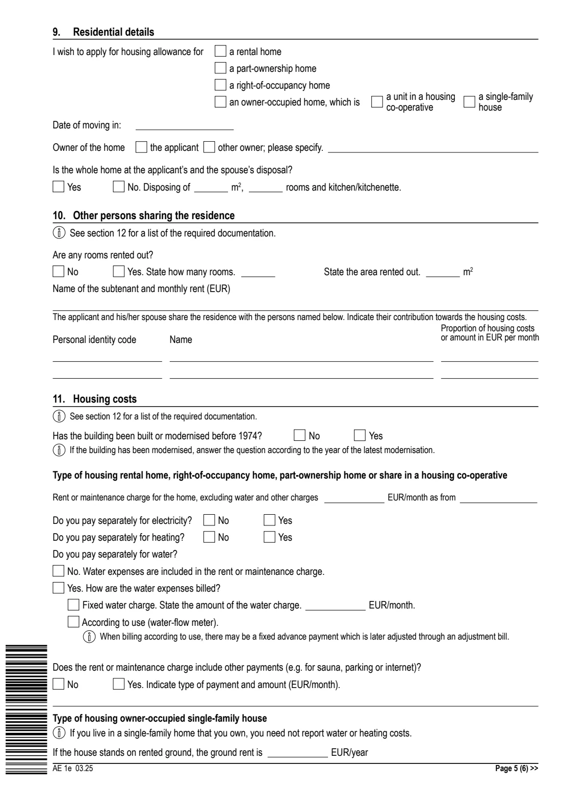 Kela AE 1e - housing allowance for pensioners (2025) Application: Housing allowance for pensioners (AE 1e) - Hakemus: Eläkkeensaajan asumistuki — page 5 of 6