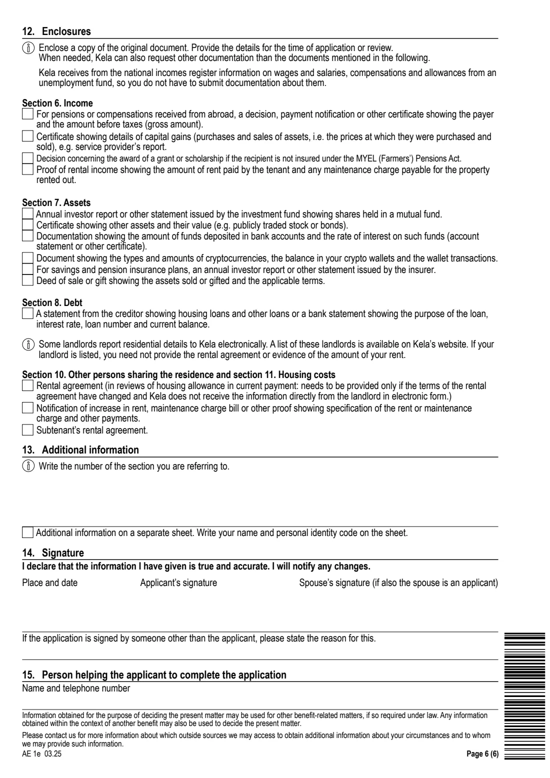 Kela AE 1e - housing allowance for pensioners (2025) Application: Housing allowance for pensioners (AE 1e) - Hakemus: Eläkkeensaajan asumistuki — page 6 of 6