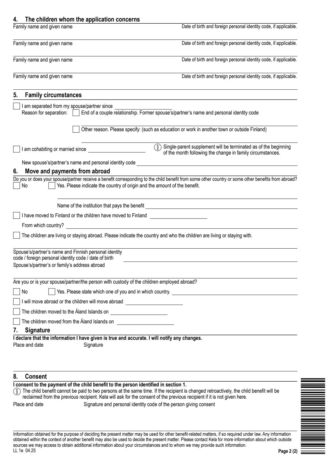 Kela LL 1e - child benefit application (2025) Application: Child benefit (LL 1e) - Hakemus: Lapsilisä — page 2 of 2