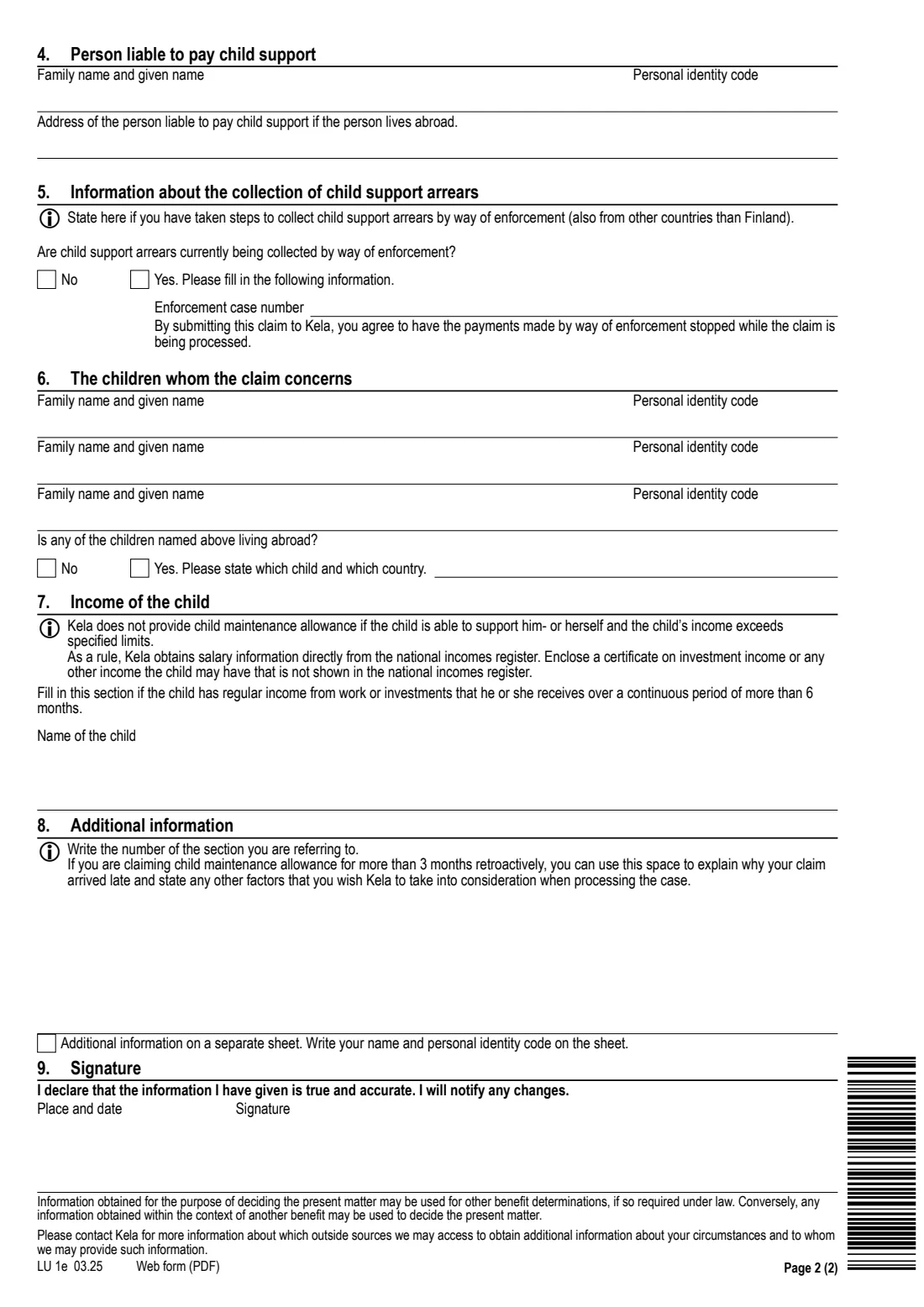 Kela LU 1e - child maintenance allowance claim (2025) Claim: Child maintenance allowance (LU 1e) - Hakemus: Elatustuki — page 2 of 2