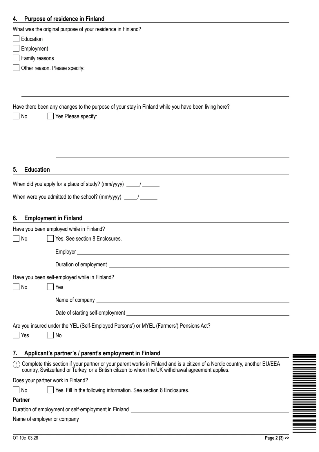 Kela OT 10e - student financial aid, foreign resident appendix (2026) Appendix to application for student financial aid filed by foreign resident (OT 10e) - Liite: Opintotukihakemus, ulkomaan kansalainen — page 2 of 3