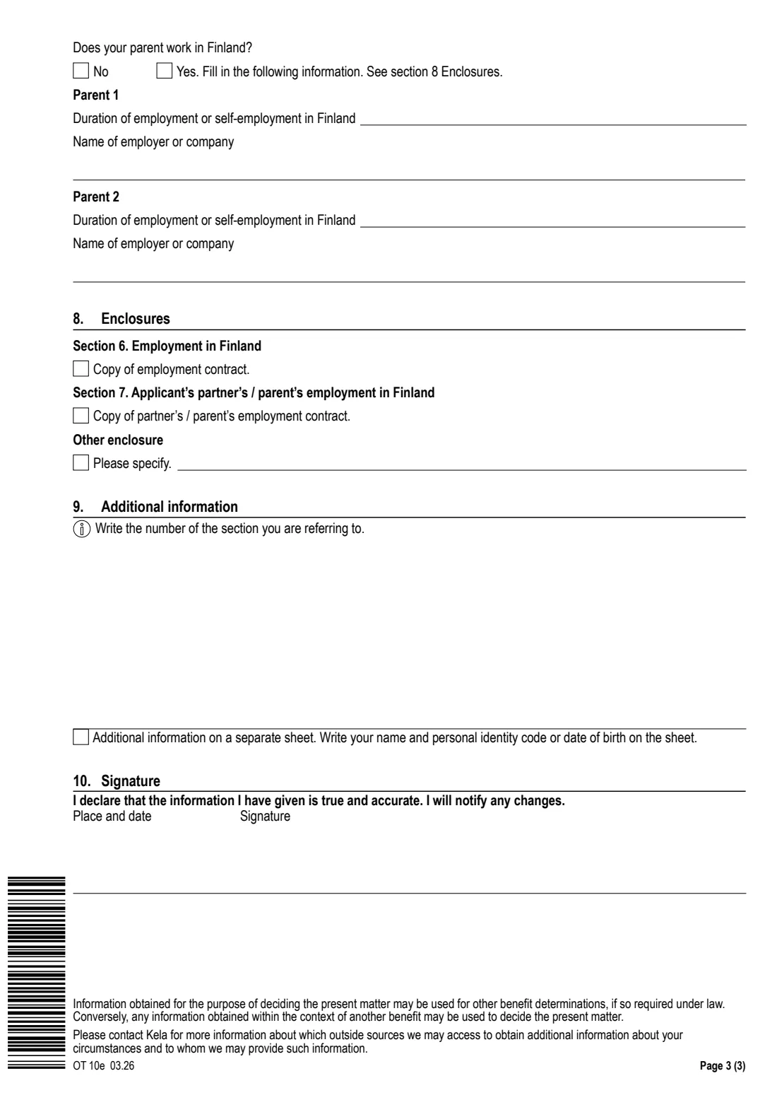 Kela OT 10e - student financial aid, foreign resident appendix (2026) Appendix to application for student financial aid filed by foreign resident (OT 10e) - Liite: Opintotukihakemus, ulkomaan kansalainen — page 3 of 3