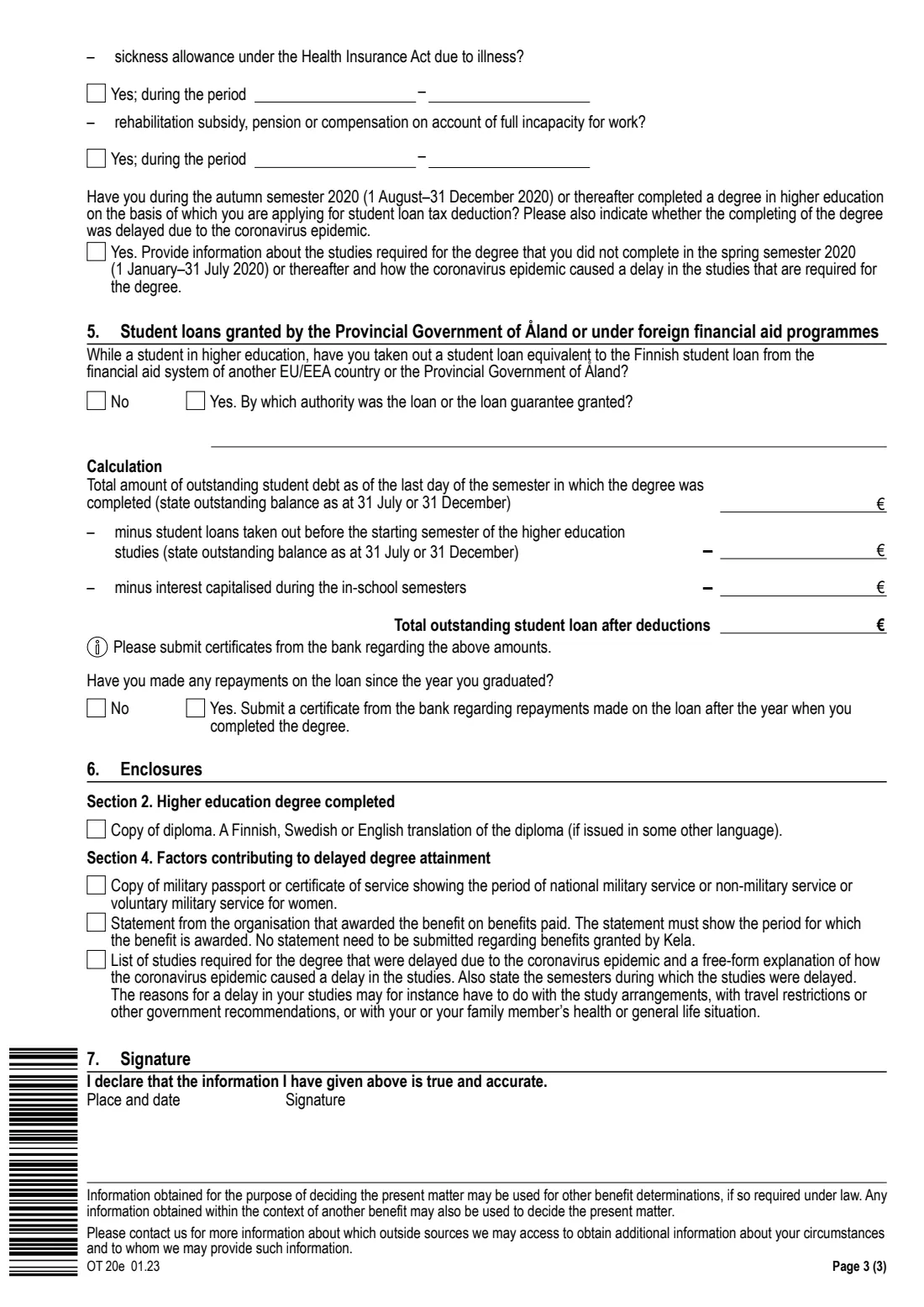 Kela OT 20e - student loan tax deduction (2023) Claim - Student loan tax deduction (OT 20e) - Hakemus: Opintolainavähennys — page 3 of 3