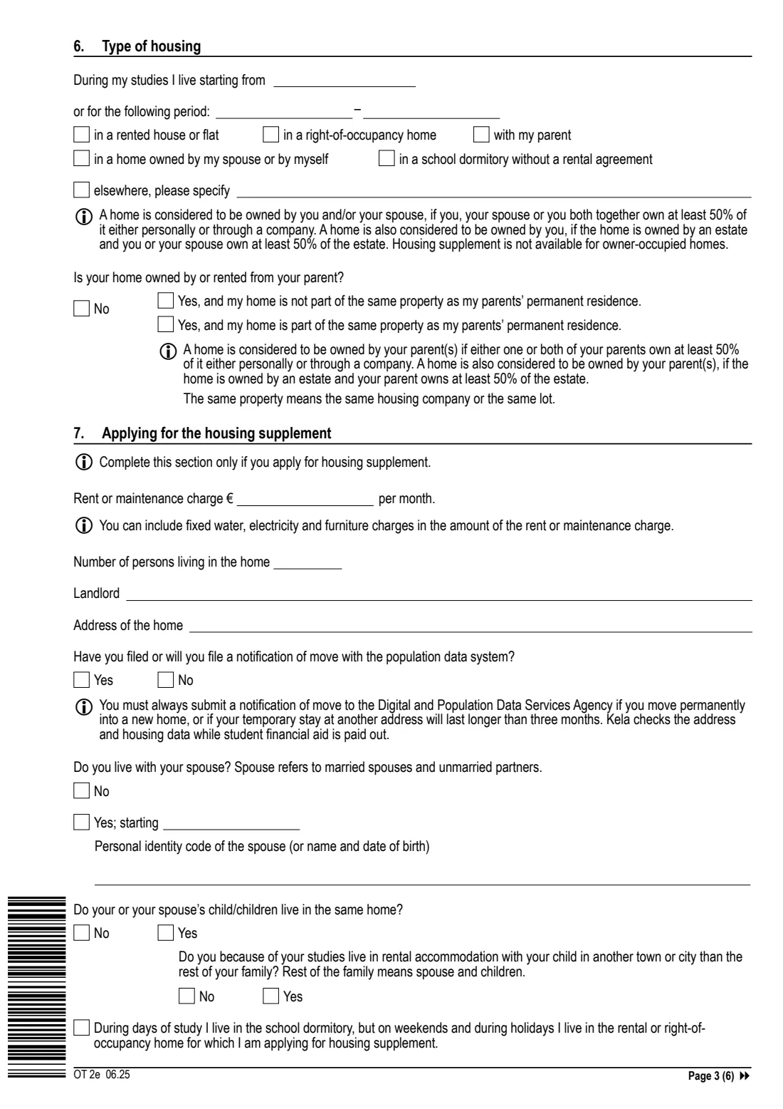 Kela OT 2e - student financial aid (higher education) (2025) Application - Financial aid for students, universities and universities of applied sciences (OT 2e) - Hakemus: Opintotuki, korkeakoulut — page 3 of 6
