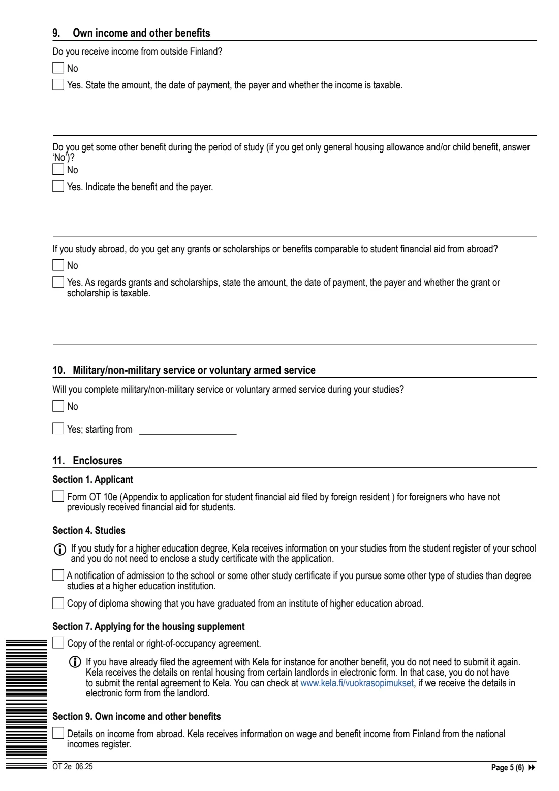 Kela OT 2e - student financial aid (higher education) (2025) Application - Financial aid for students, universities and universities of applied sciences (OT 2e) - Hakemus: Opintotuki, korkeakoulut — page 5 of 6