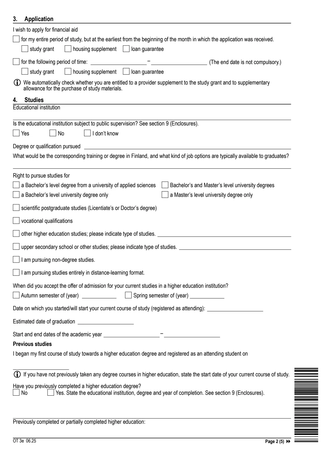 Kela OT 3e - student financial aid for a degree abroad (2025) Application - Financial aid for students, for those pursuing a degree abroad (OT 3e) - Opintotukihakemus ulkomailla tutkintoa suorittavalle — page 2 of 5