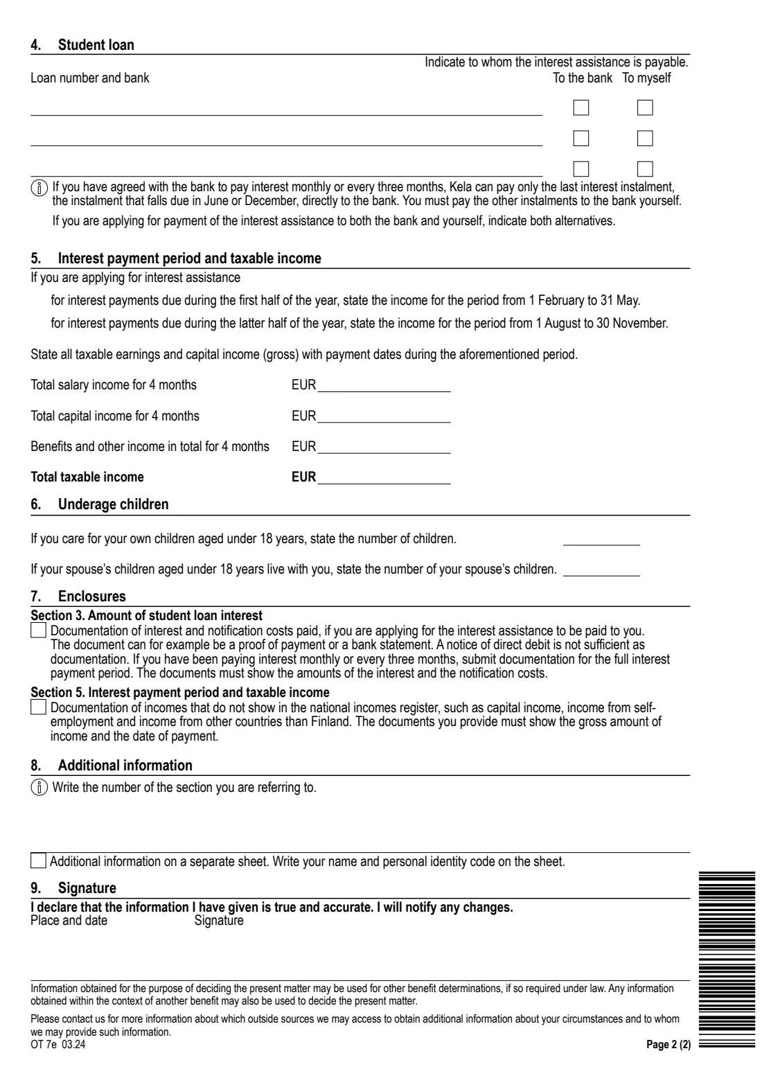Kela OT 7e - assistance with student loan interest (2024) Application - Assistance with student loan interest (OT 7e) - Hakemus: Korkoavustus — page 2 of 2