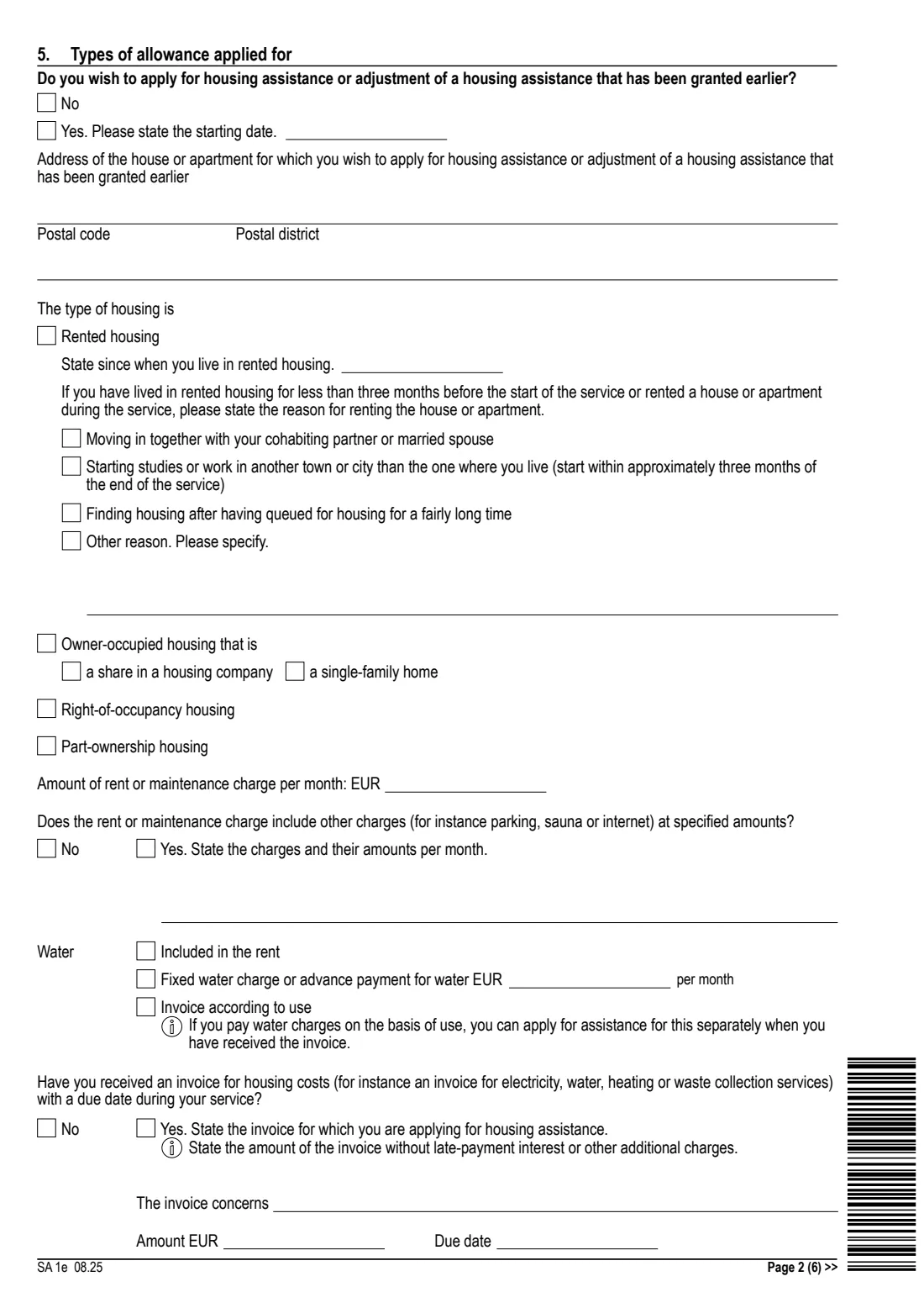 Kela SA 1e - conscript's allowance (2025) Application - Conscript's allowance (SA 1e) - Asevelvollisen avustushakemus — page 2 of 6