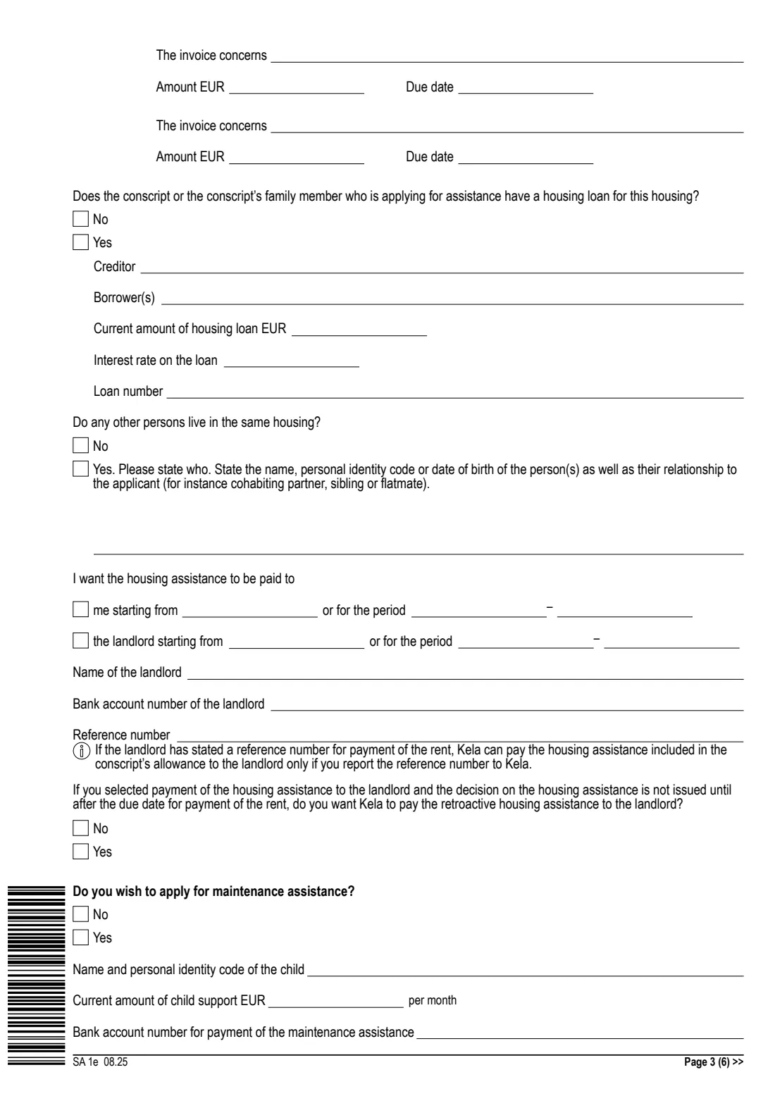 Kela SA 1e - conscript's allowance (2025) Application - Conscript's allowance (SA 1e) - Asevelvollisen avustushakemus — page 3 of 6