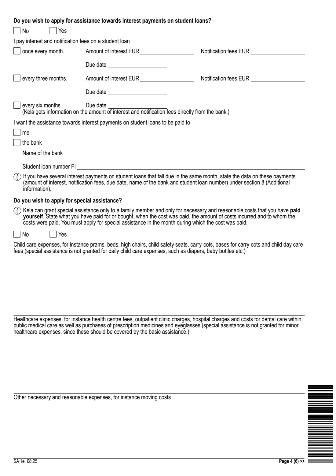 Kela SA 1e - conscript's allowance (2025) Application - Conscript's allowance (SA 1e) - Asevelvollisen avustushakemus — page 4 of 6