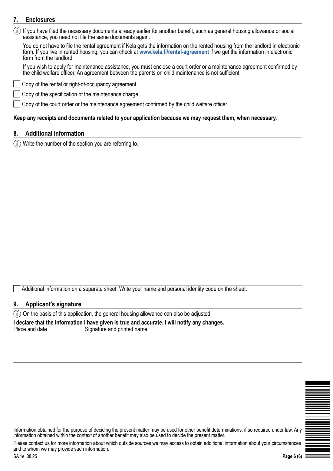 Kela SA 1e - conscript's allowance (2025) Application - Conscript's allowance (SA 1e) - Asevelvollisen avustushakemus — page 6 of 6