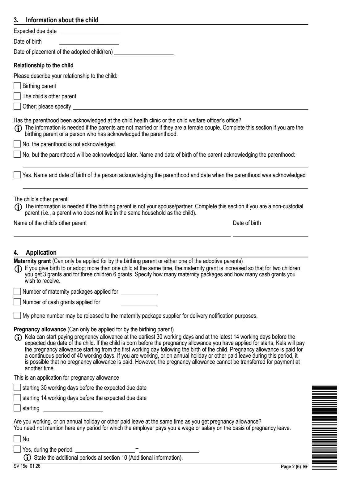Kela SV 15e - parental benefits application (2026) Application: Parental benefits (SV 15e) - Hakemus: Vanhempainpäivärahat — page 2 of 6