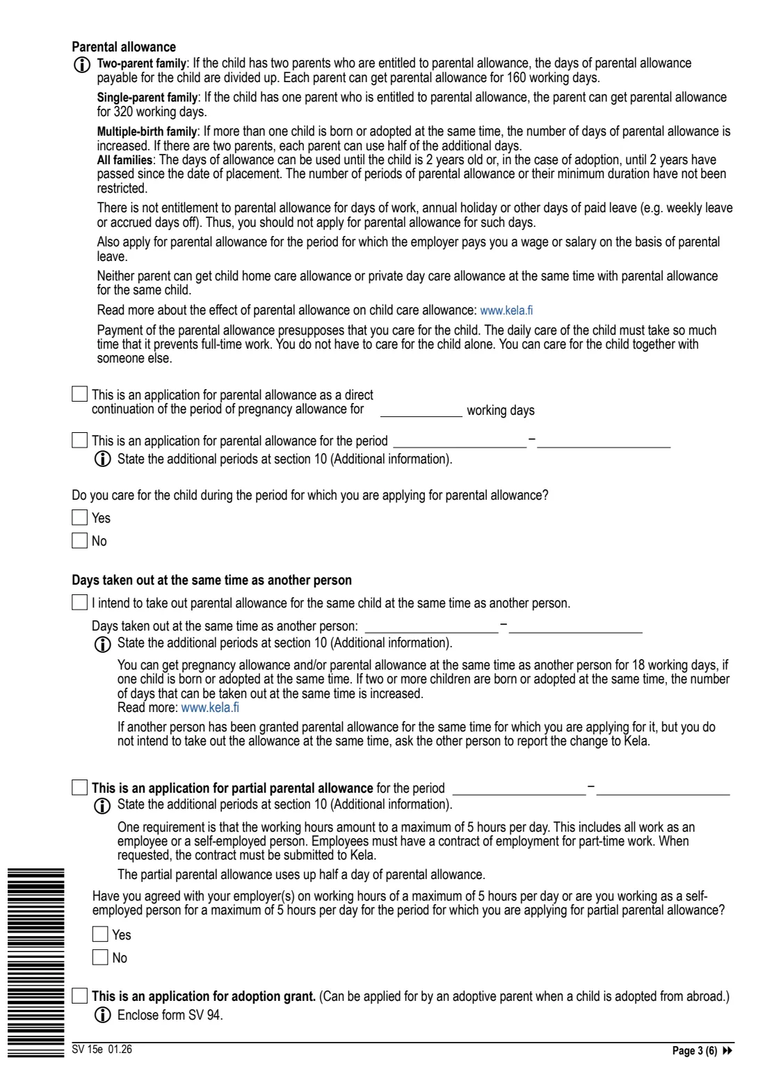Kela SV 15e - parental benefits application (2026) Application: Parental benefits (SV 15e) - Hakemus: Vanhempainpäivärahat — page 3 of 6