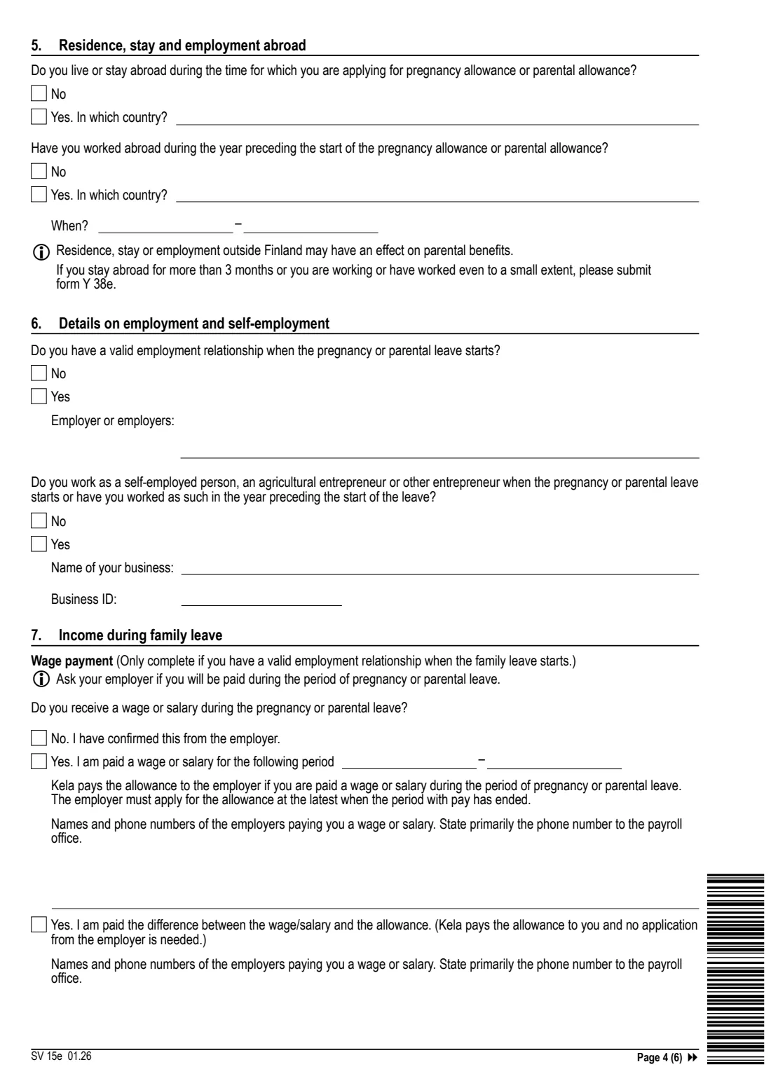 Kela SV 15e - parental benefits application (2026) Application: Parental benefits (SV 15e) - Hakemus: Vanhempainpäivärahat — page 4 of 6
