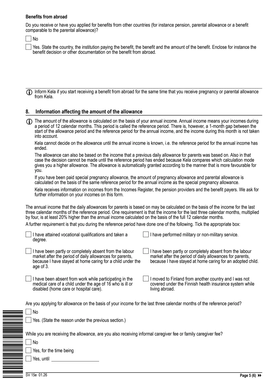 Kela SV 15e - parental benefits application (2026) Application: Parental benefits (SV 15e) - Hakemus: Vanhempainpäivärahat — page 5 of 6