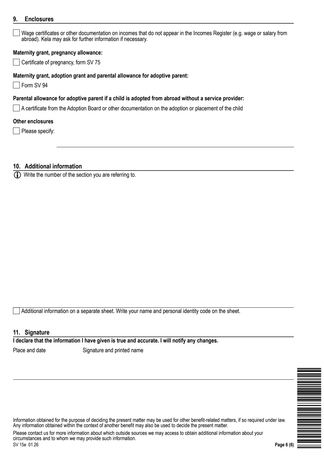 Kela SV 15e - parental benefits application (2026) Application: Parental benefits (SV 15e) - Hakemus: Vanhempainpäivärahat — page 6 of 6