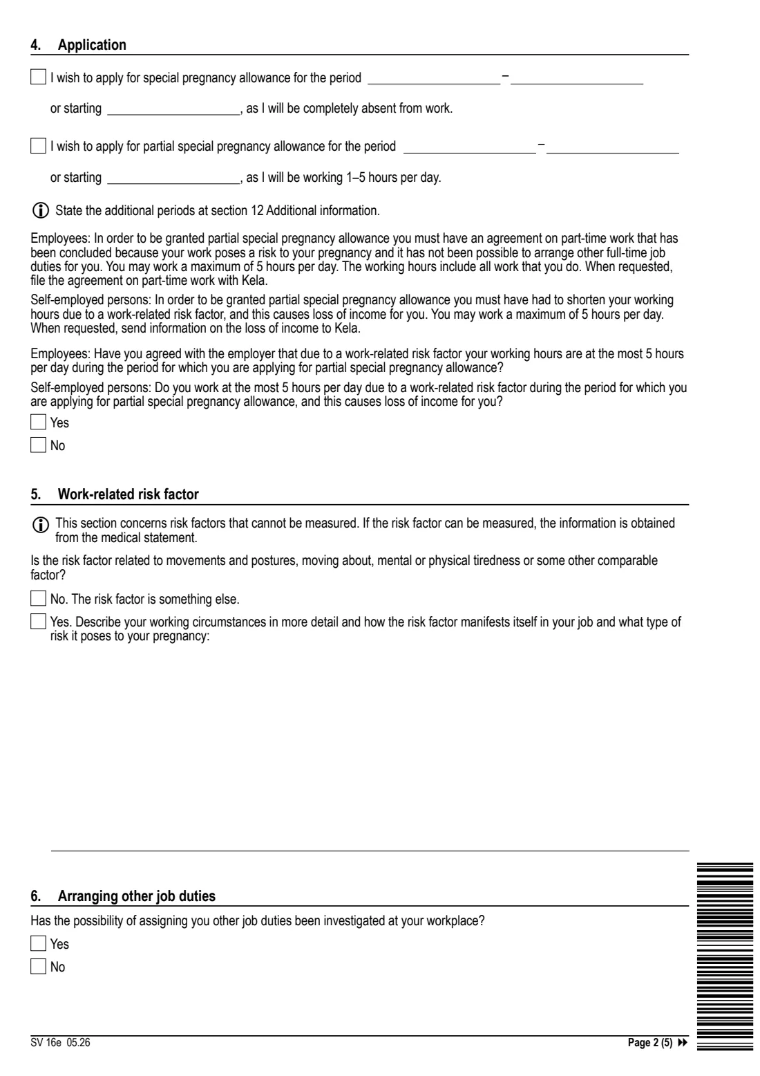 Kela SV 16e - special pregnancy allowance (2026) Application: Special pregnancy allowance for the birthing parent (SV 16e) - Hakemus: Erityisraskausraha — page 2 of 5