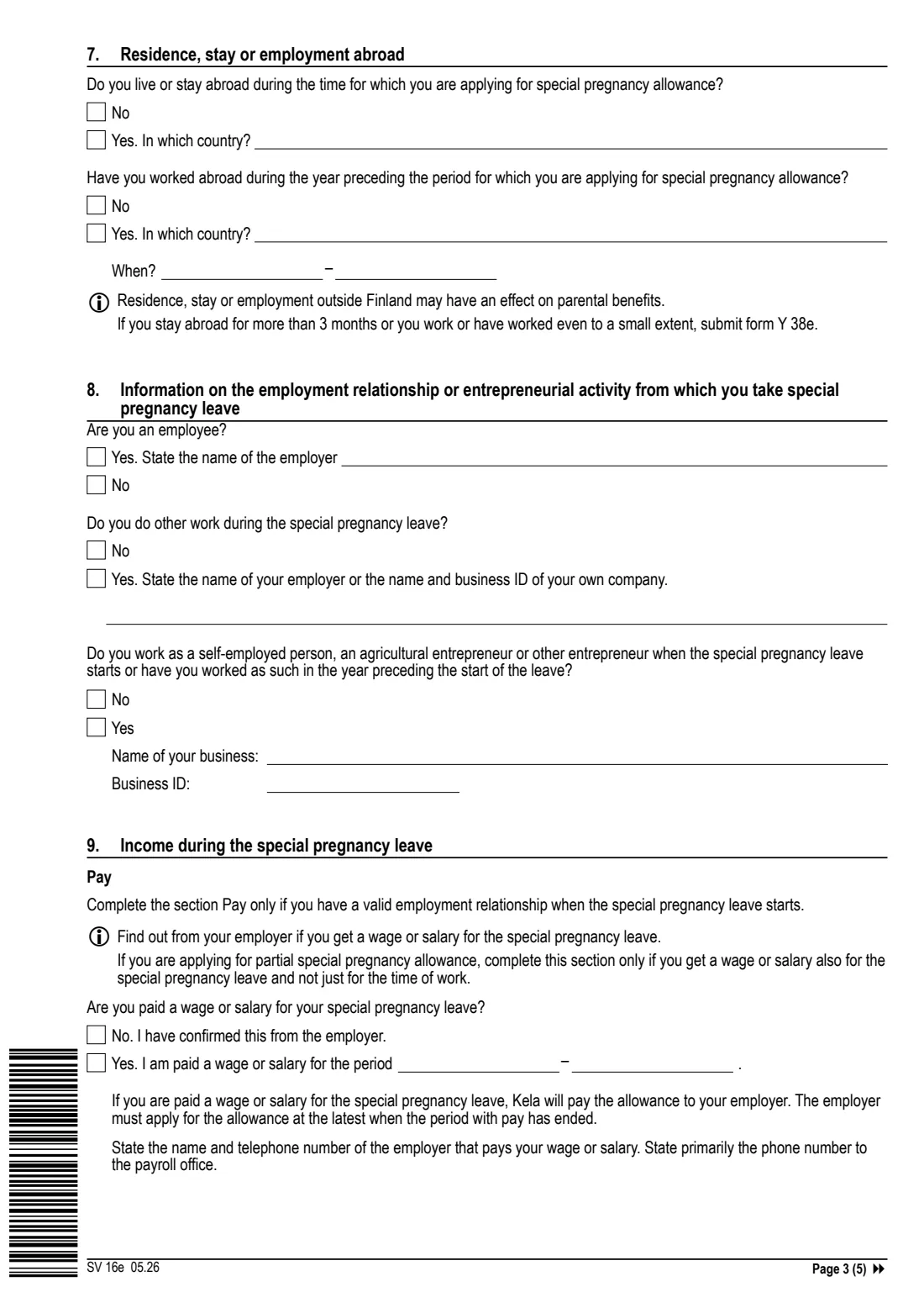 Kela SV 16e - special pregnancy allowance (2026) Application: Special pregnancy allowance for the birthing parent (SV 16e) - Hakemus: Erityisraskausraha — page 3 of 5