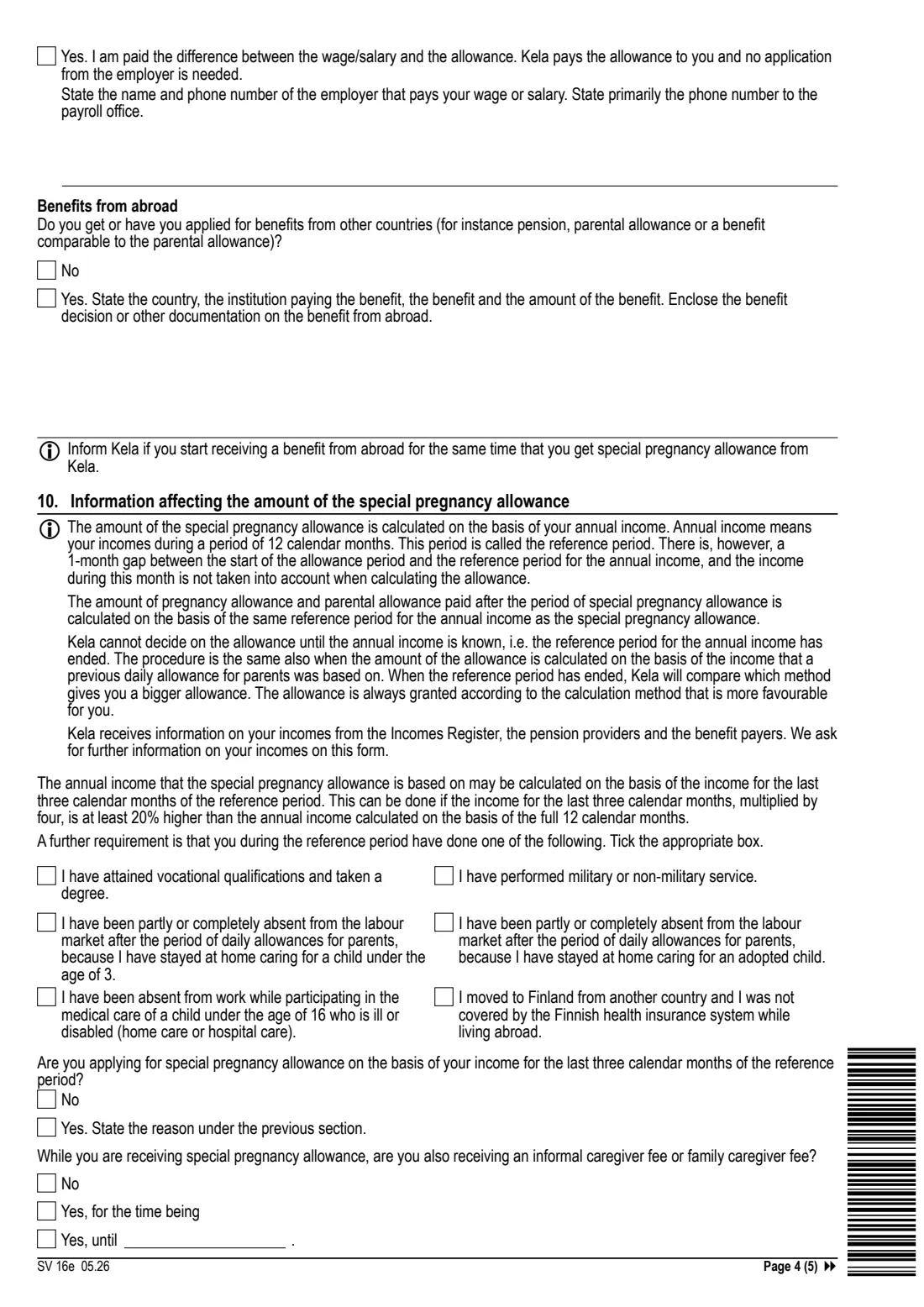 Kela SV 16e - special pregnancy allowance (2026) Application: Special pregnancy allowance for the birthing parent (SV 16e) - Hakemus: Erityisraskausraha — page 4 of 5